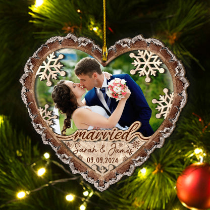 Custom Wedding Photo Heart Shape 2-Layer  Wood Slice Ornament