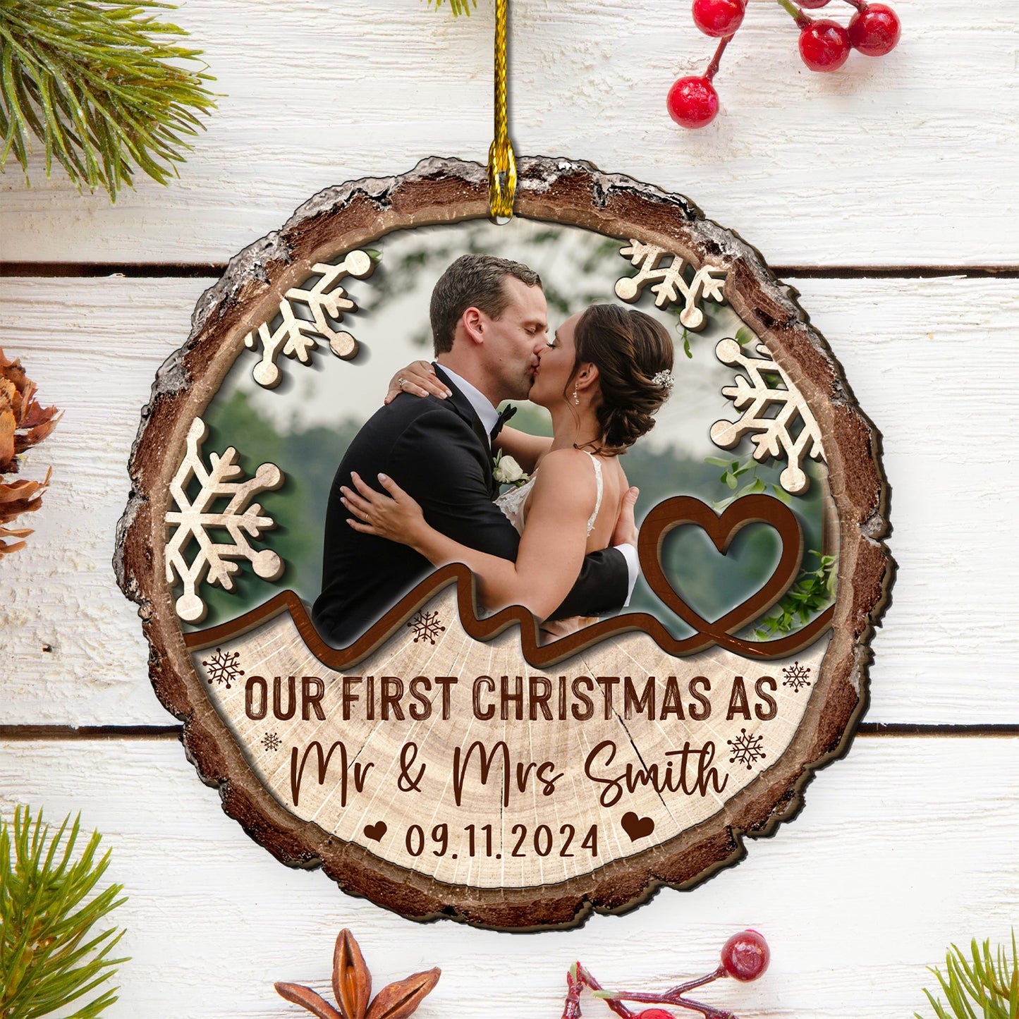 Custom Wedding Photo 2-Layer Wood Slice Ornament