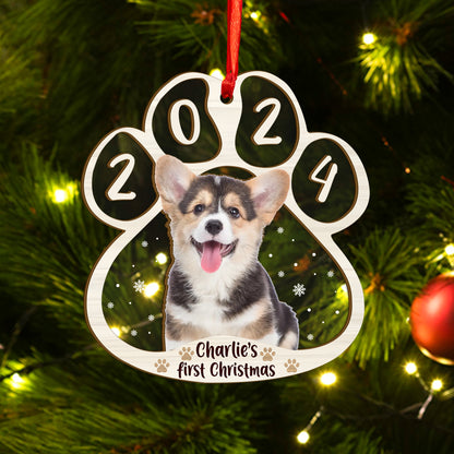 Custom Photo Dog First Christmas Wood and Acrylic Ornament