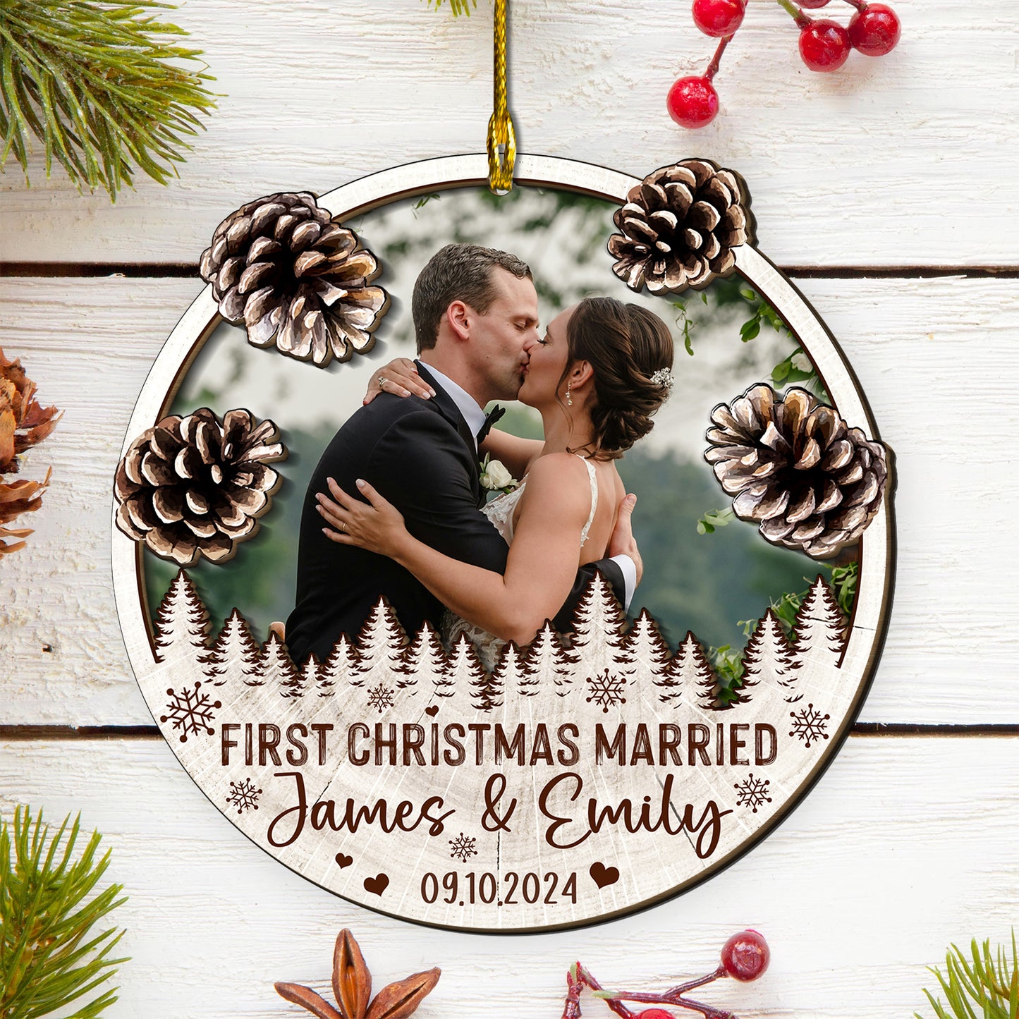 Custom Wedding Photo 2-Layers Wood Ornament