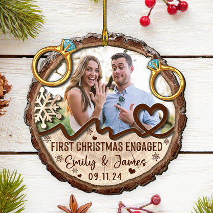 Custom Engaged Couple Photo with Rings 2-Layer Wood Slice Ornament