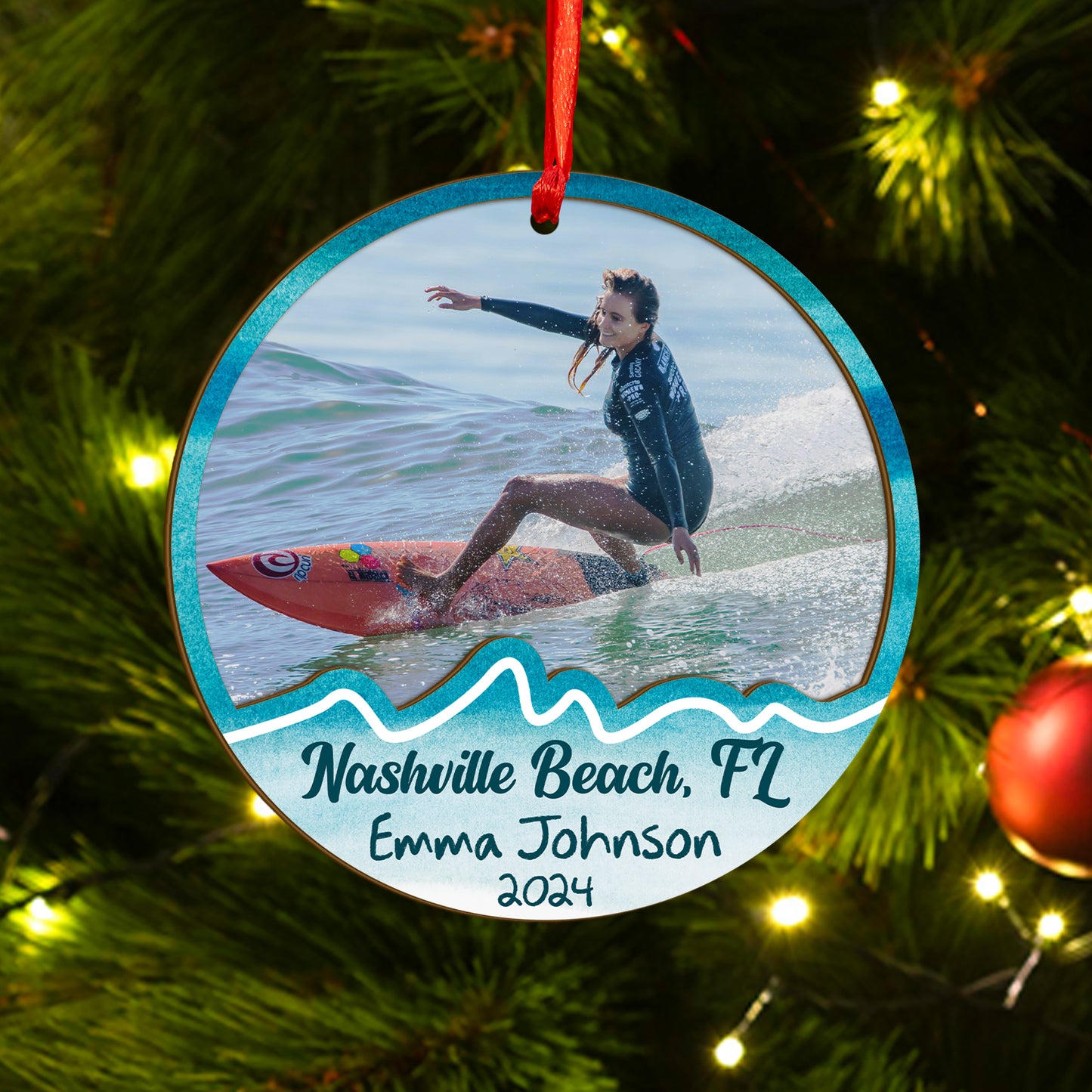 Custom Surfing Photo Wood and Acrylic Ornament