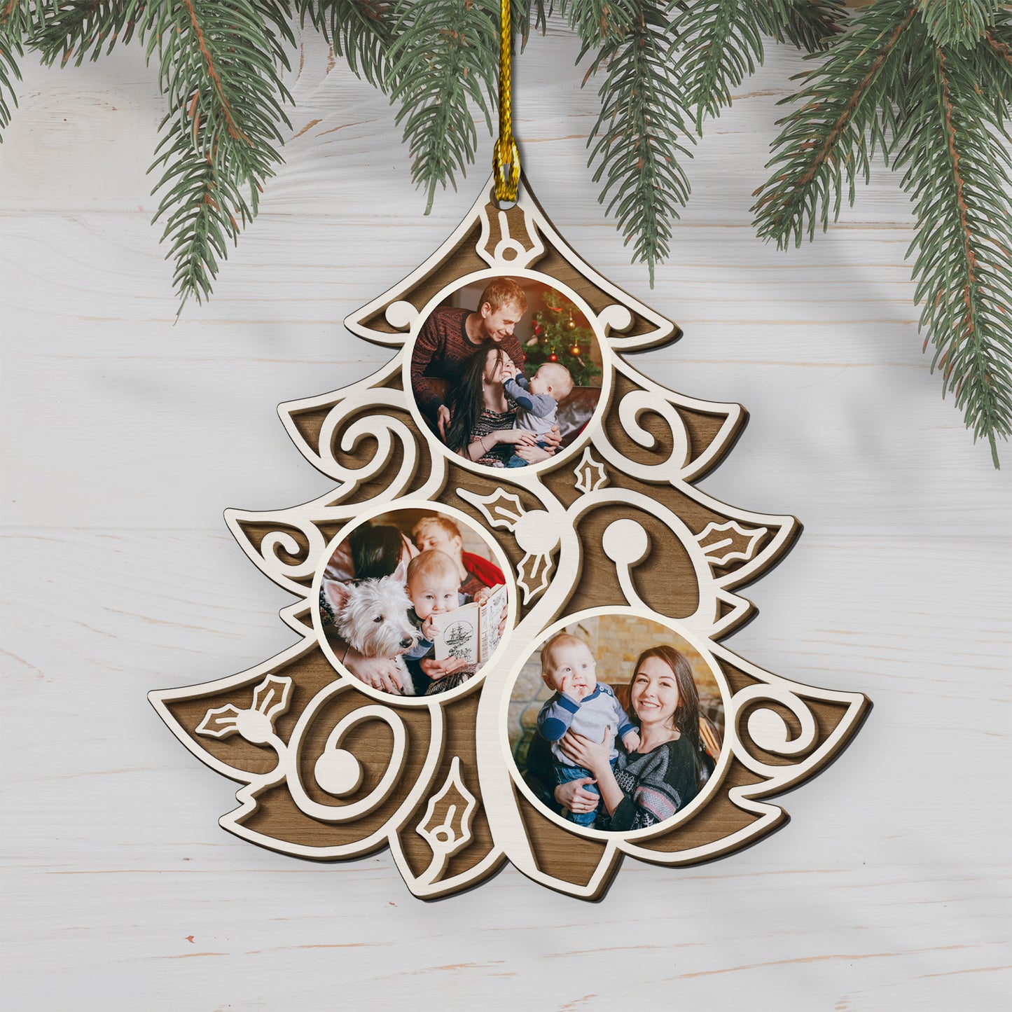 Custom Photos Noel Tree 2-Layer Wood Ornament