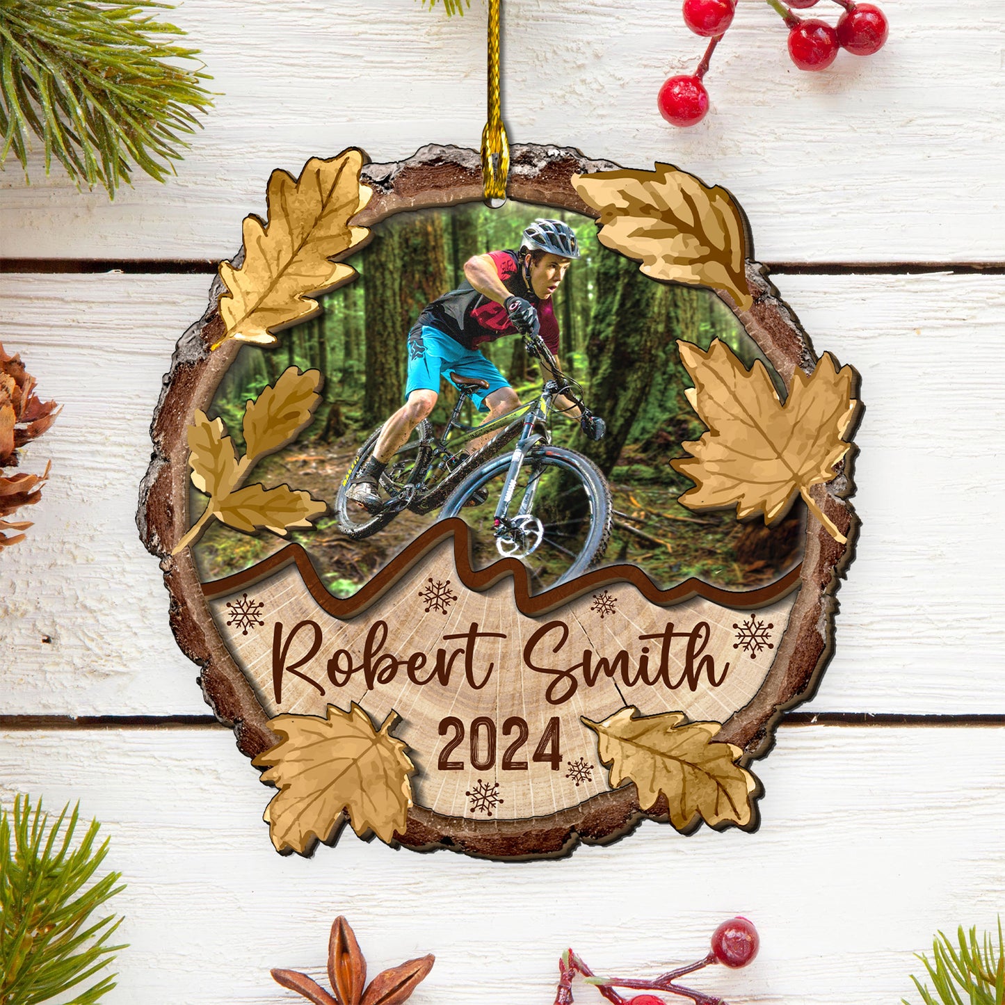 Custom Photo Mountain Biking 2-Layer Wood Slice Ornament