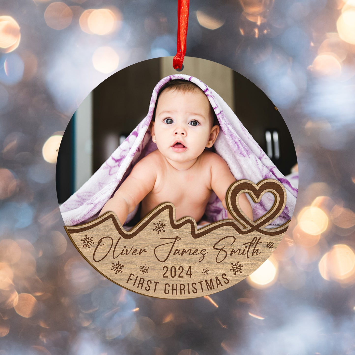 Custom Photo Baby First Christmas Wood and Acrylic Ornament