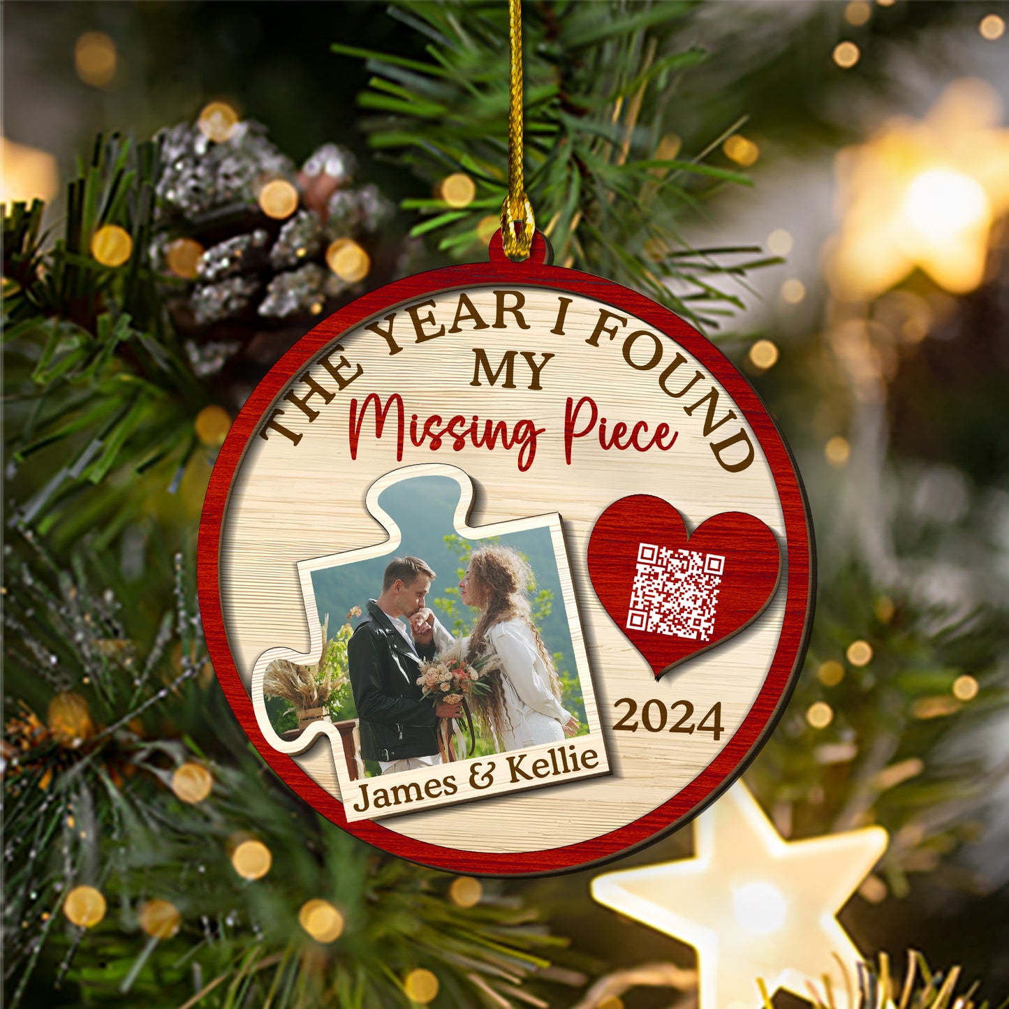 Custom Wedding Photo QR Code 2-Layer Wood Ornament