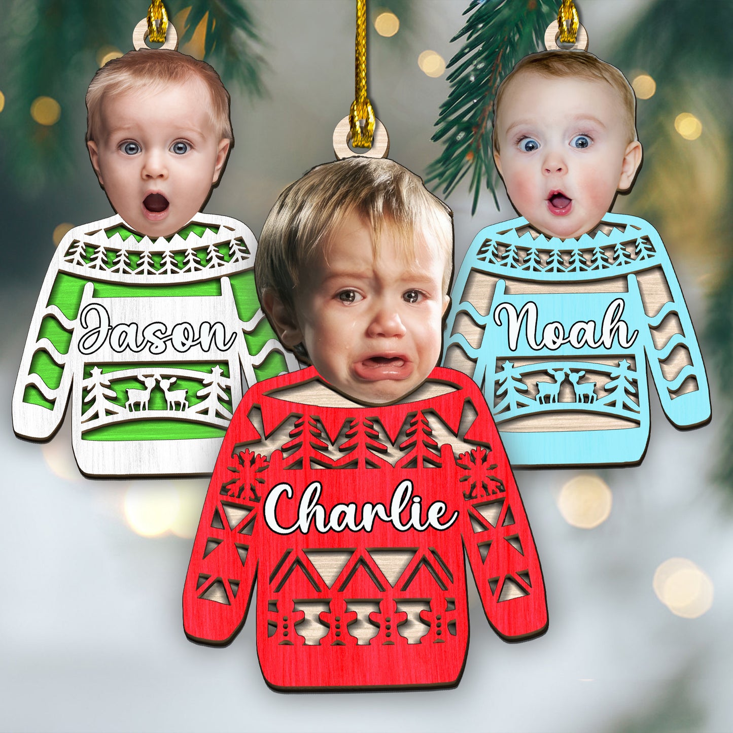 Custom Face Photo Funny Ugly Sweater 2-Layer Wood Ornament