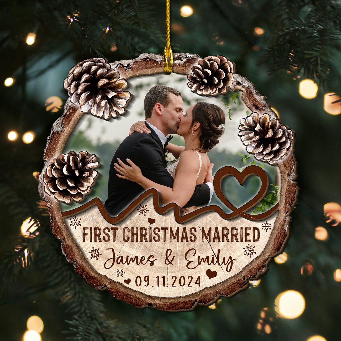 Custom Wedding Photo 2-Layer Wood Slice Ornament