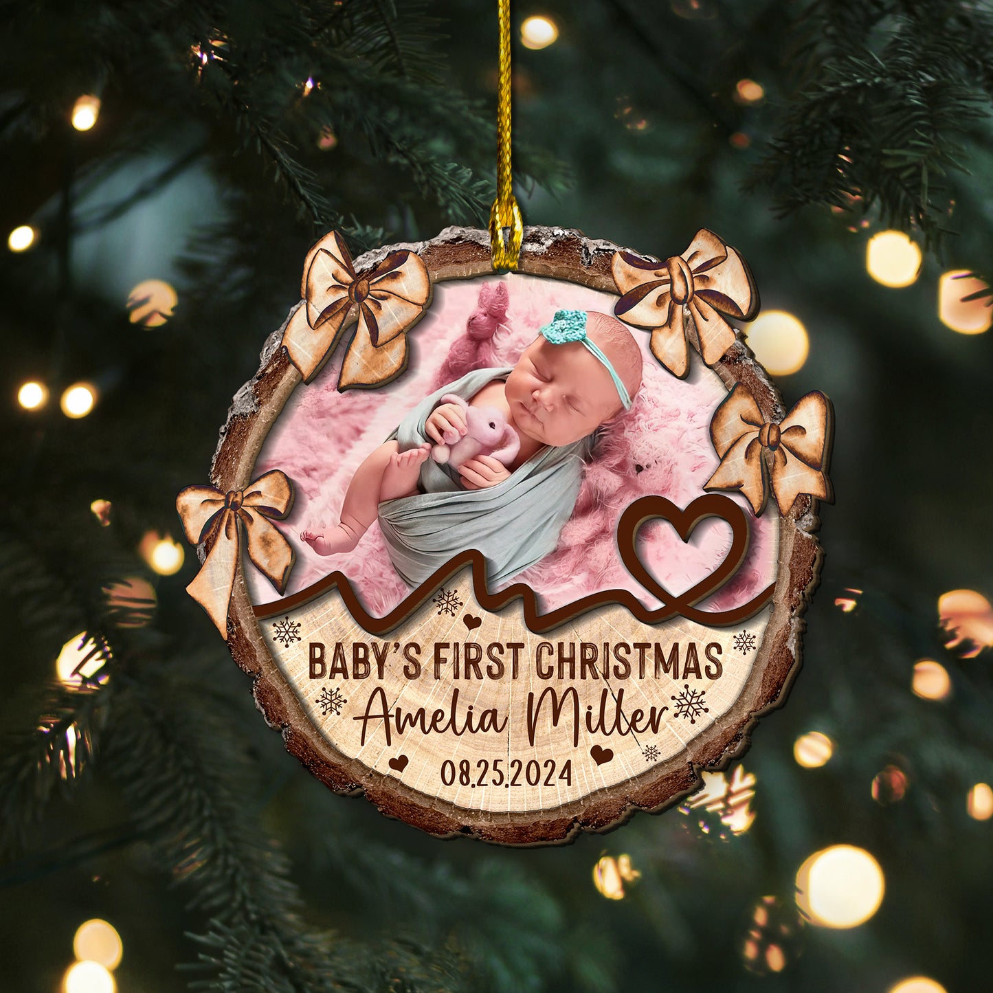 Custom Baby Photo Tie Bow 2-Layer Wood Ornament