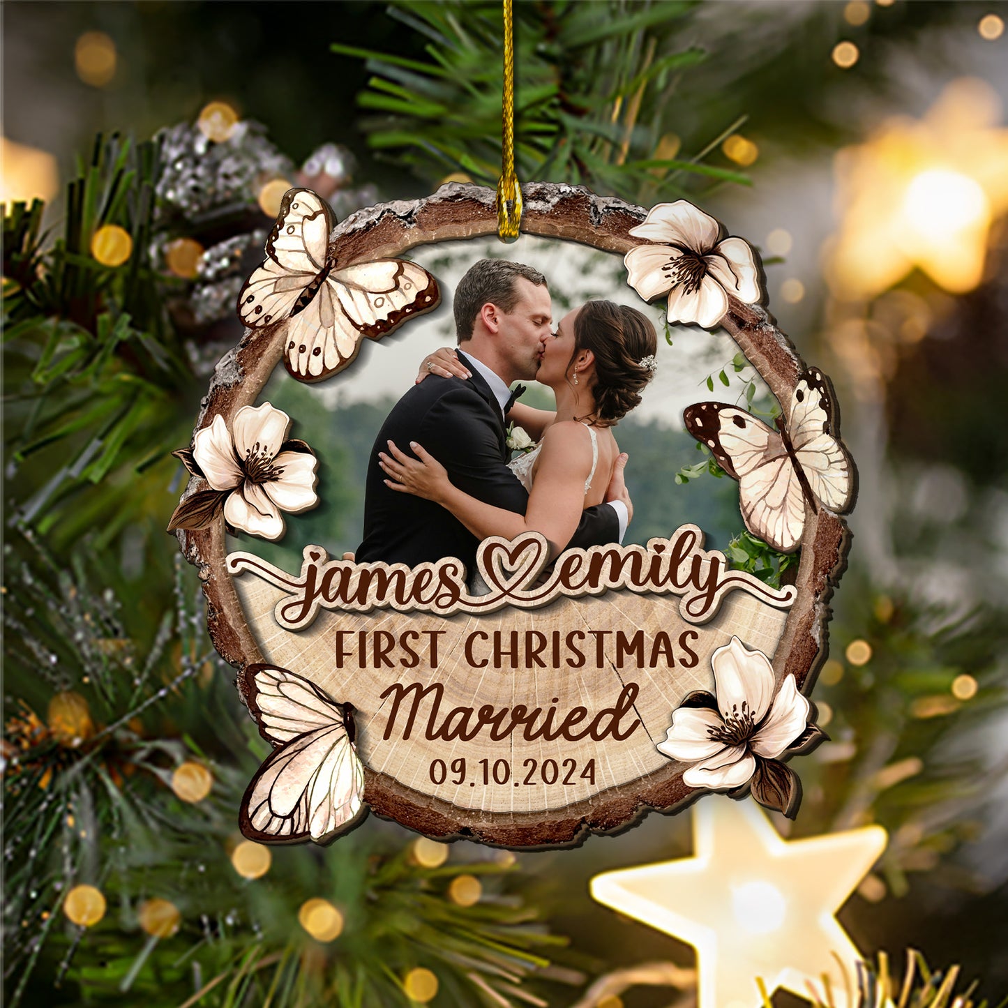 Custom Wedding Photo 2-Layer Wood Slice Ornament