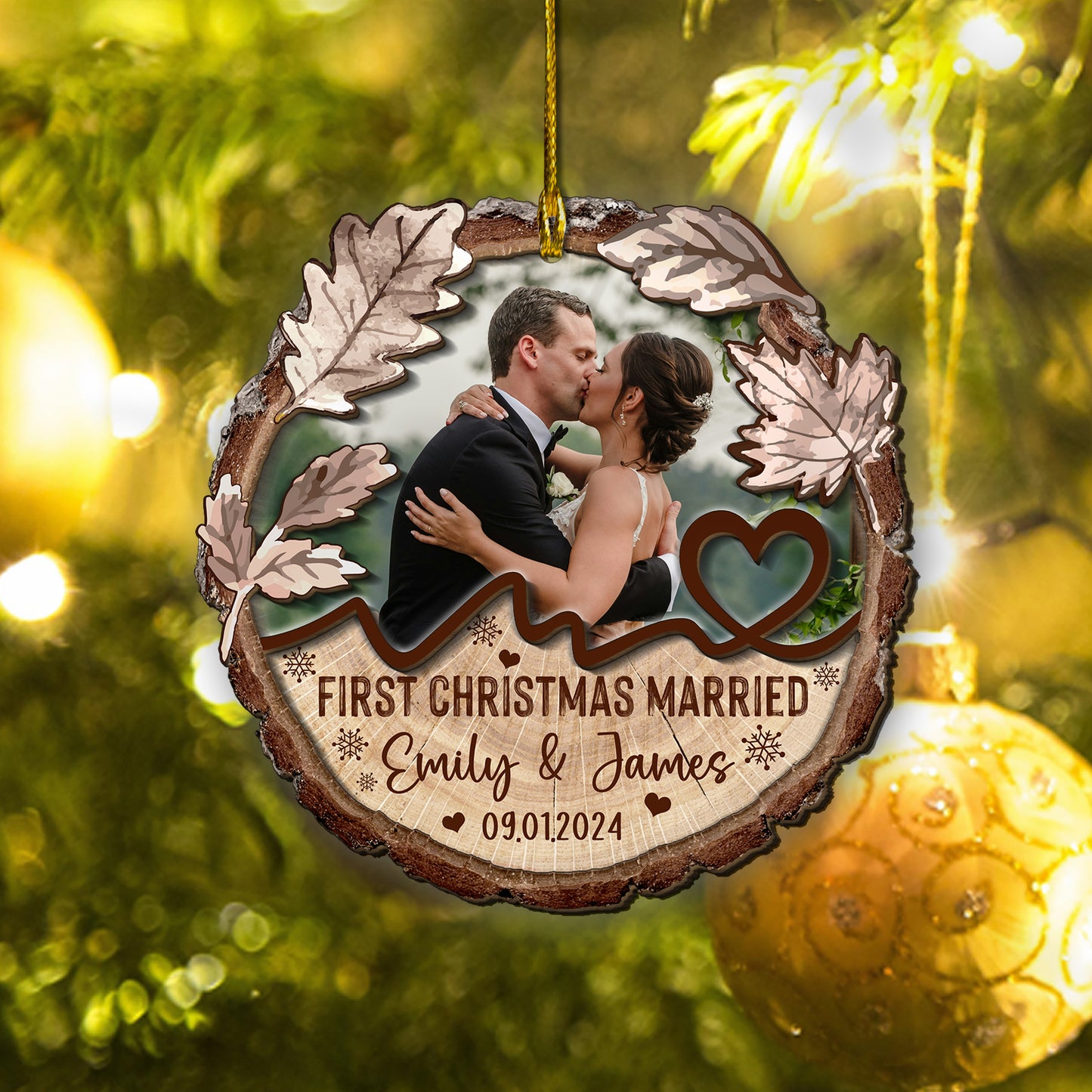 Custom Wedding Photo 2-Layers Wood Slice Ornament