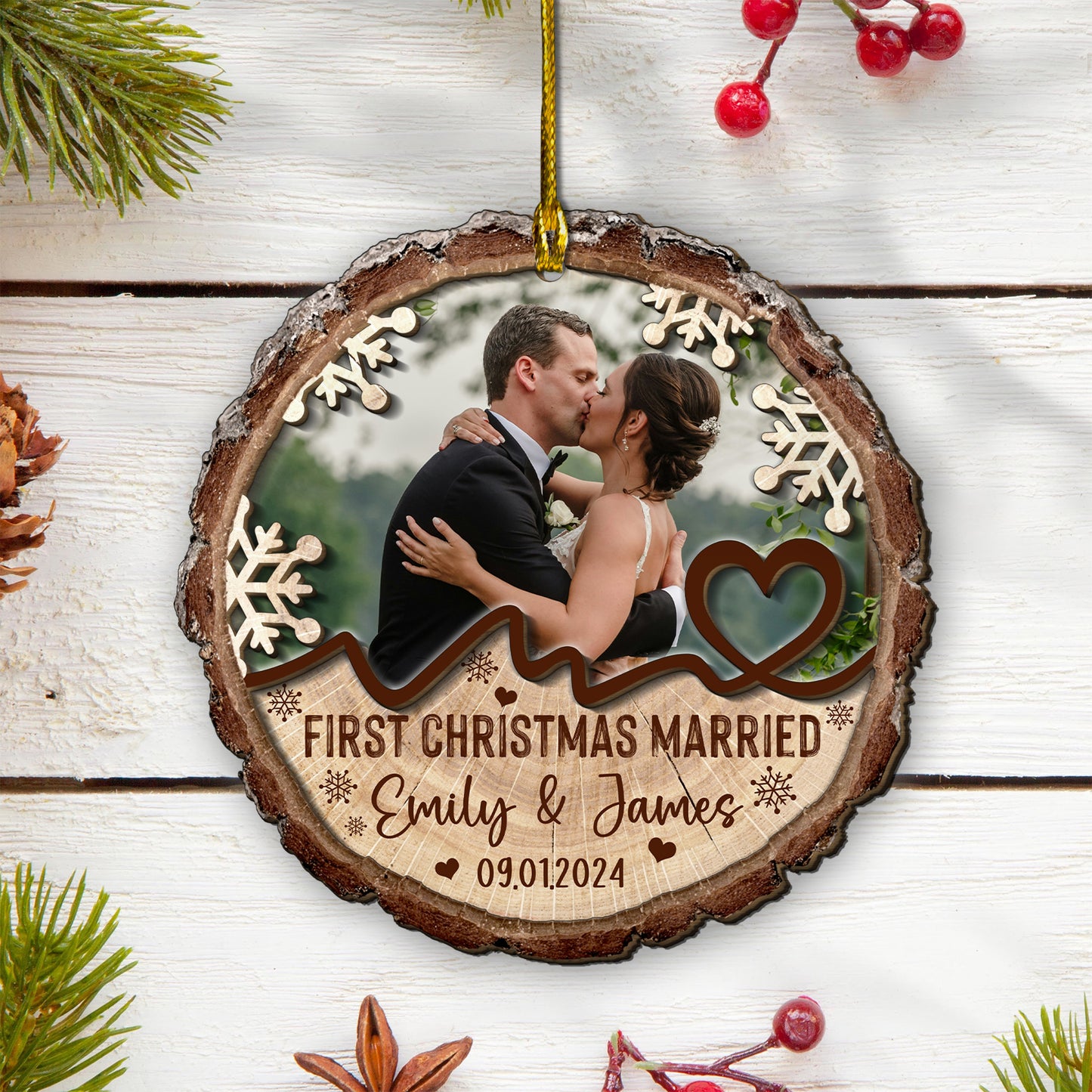 Custom Wedding Photo 2 Layers Wood Ornament