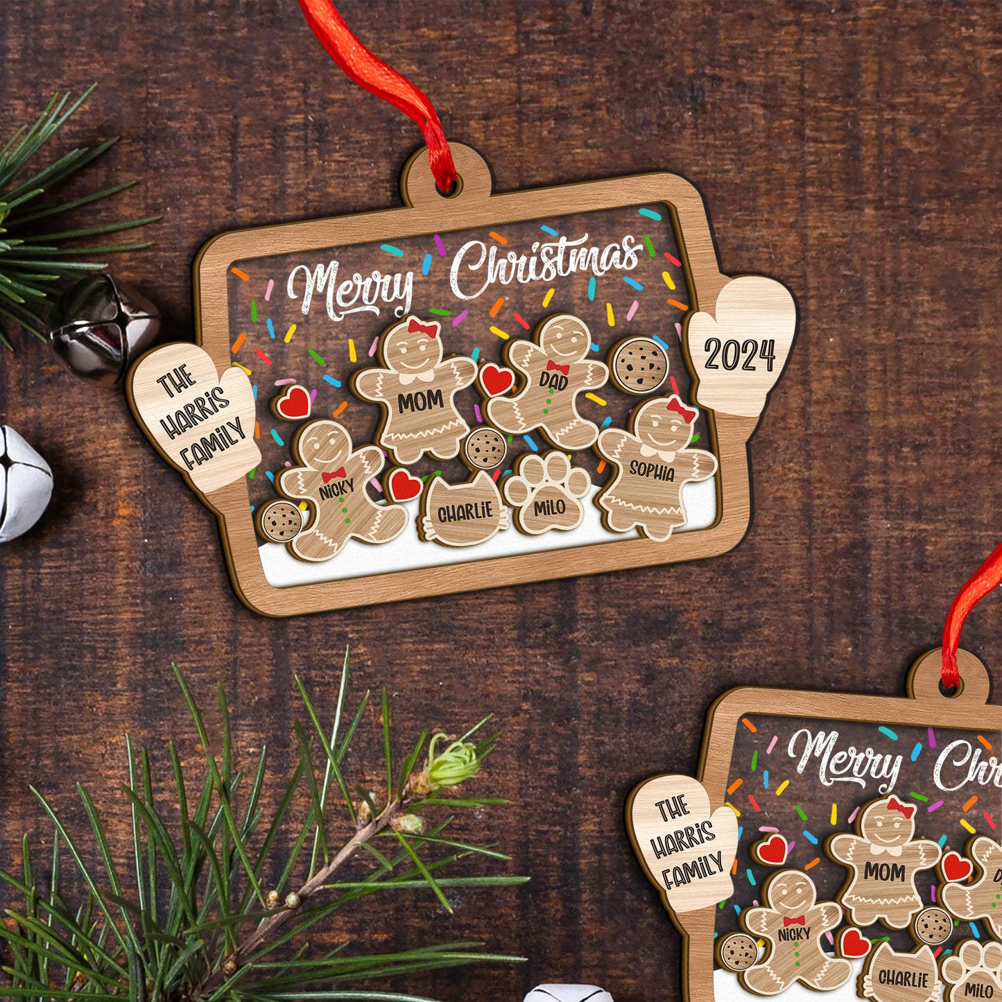 Custom Family Names Gingerbread Wood and Acrylic Ornament