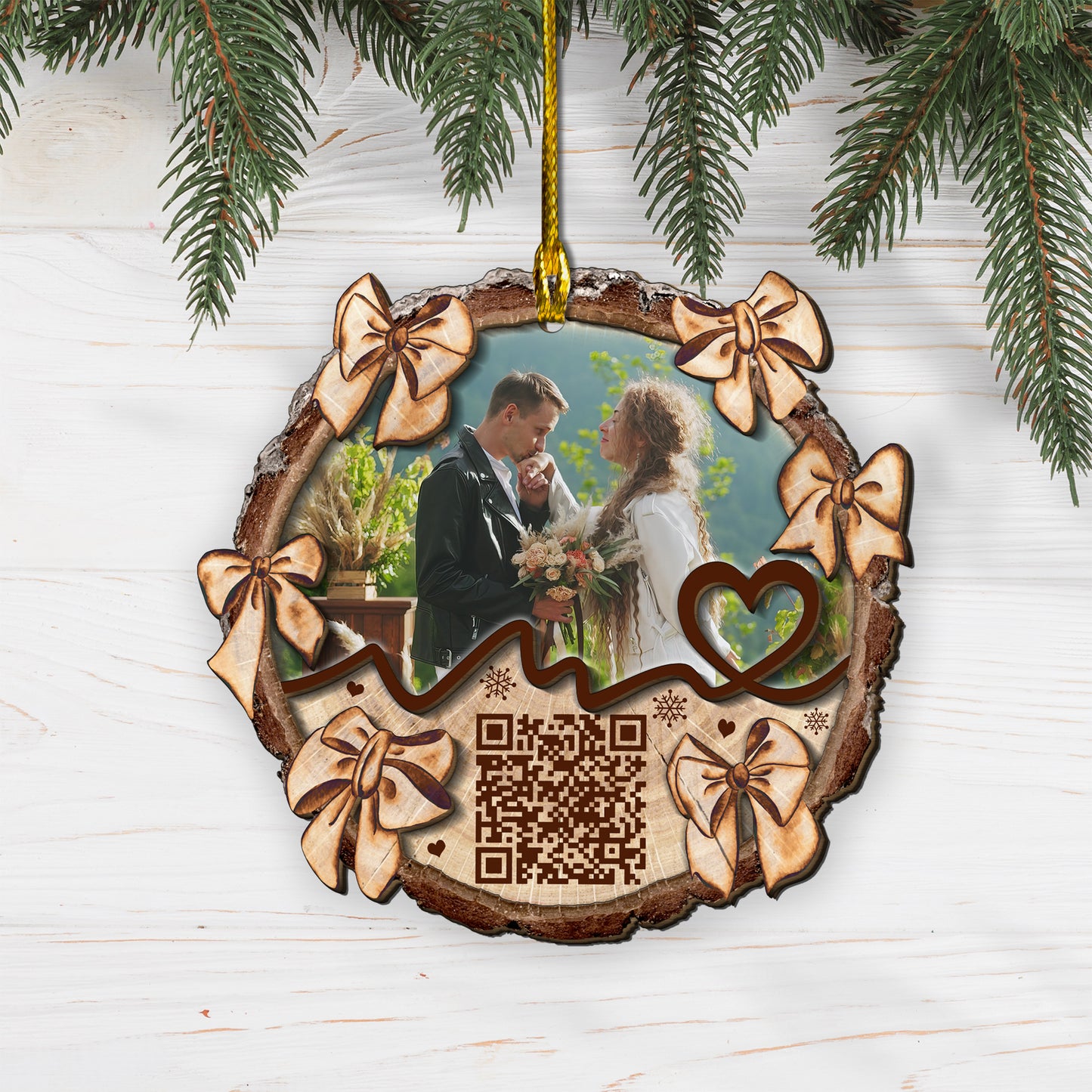 Custom Couple Video QR Code 2-Layer Wood Ornament