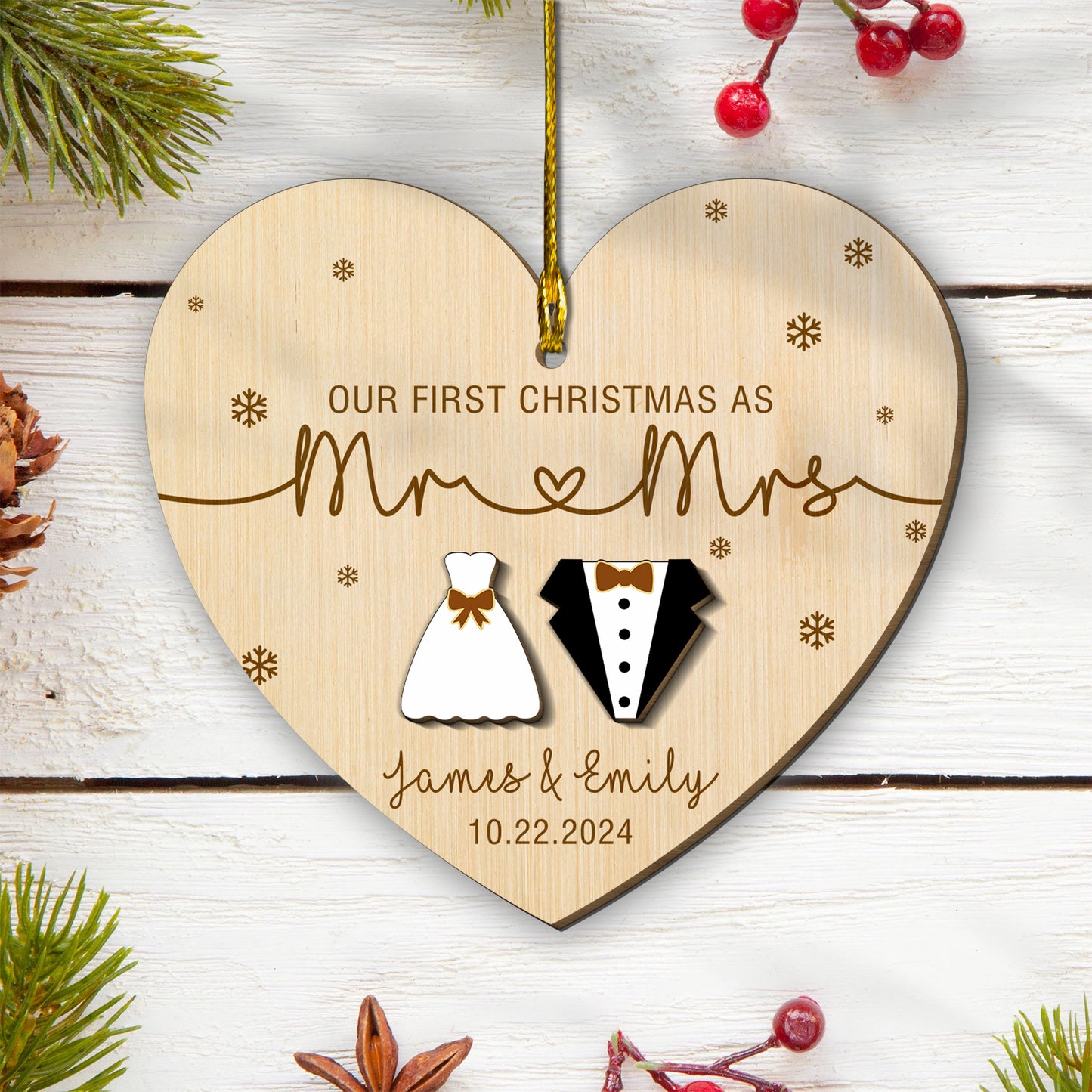 Custom Couple Name Our 1st Christmas As Mr And Mrs 2 Layers Wood Ornament