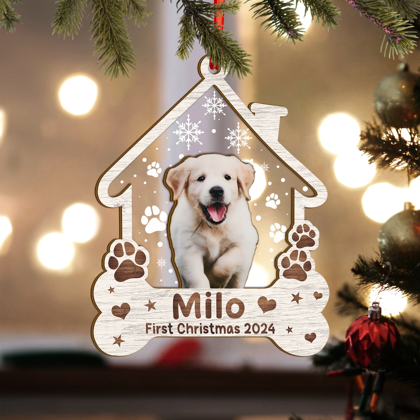 Custom Photo Dog First Christmas Wood and Acrylic Ornament