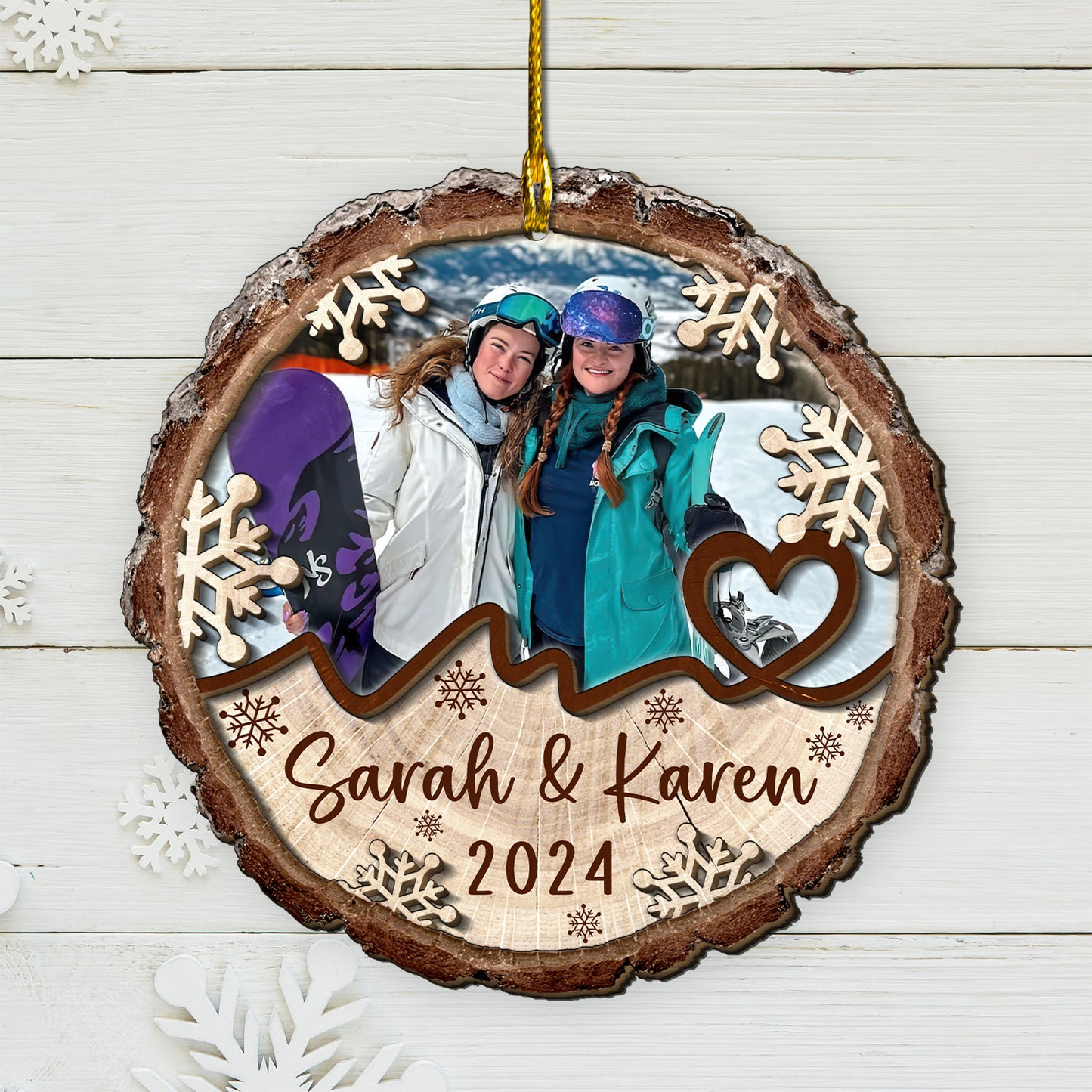 Custom Snow Boarding Photo 2-Layer Wood Ornament