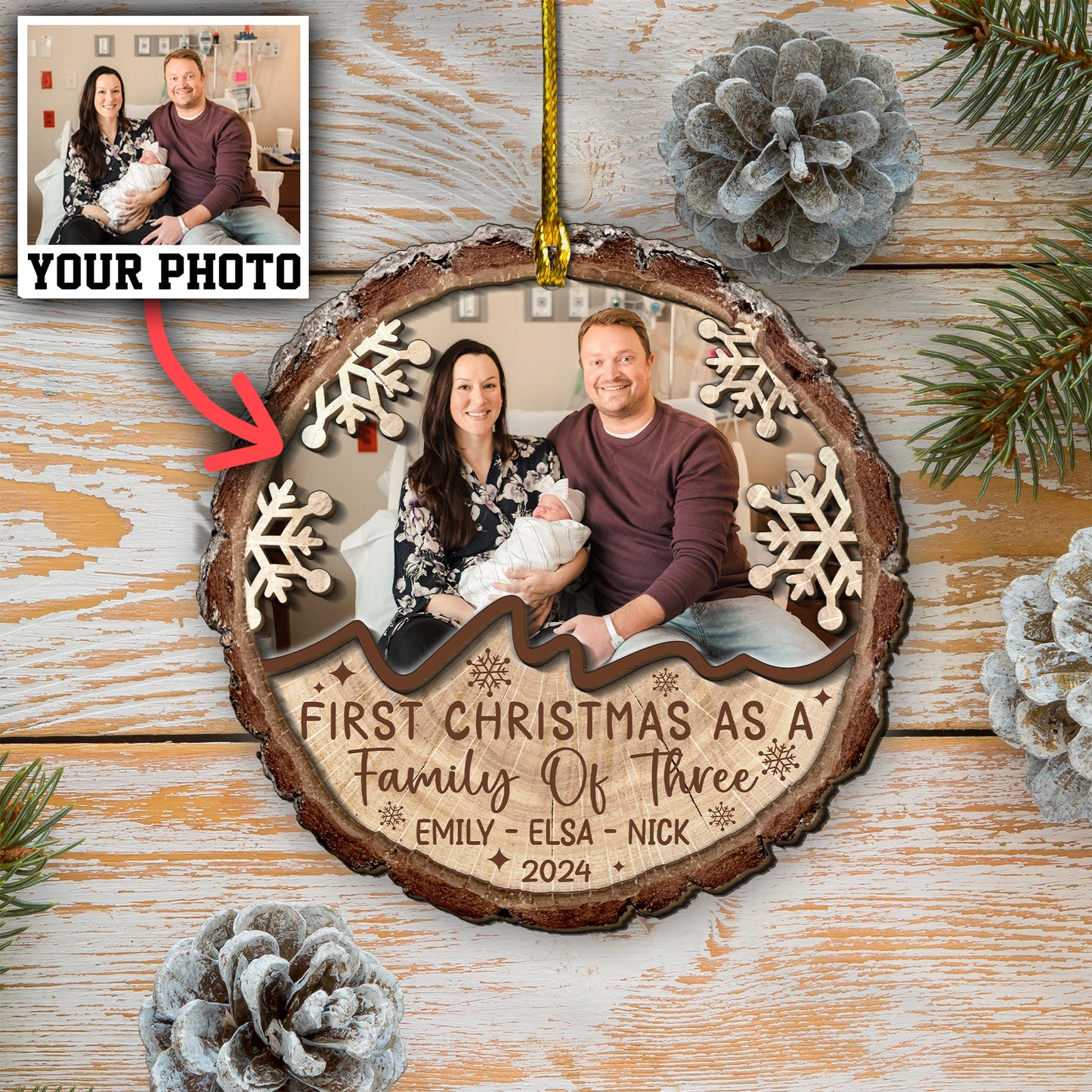 Custom Photo First Christmas As A Family Of Three 2-Layer Wood Ornament