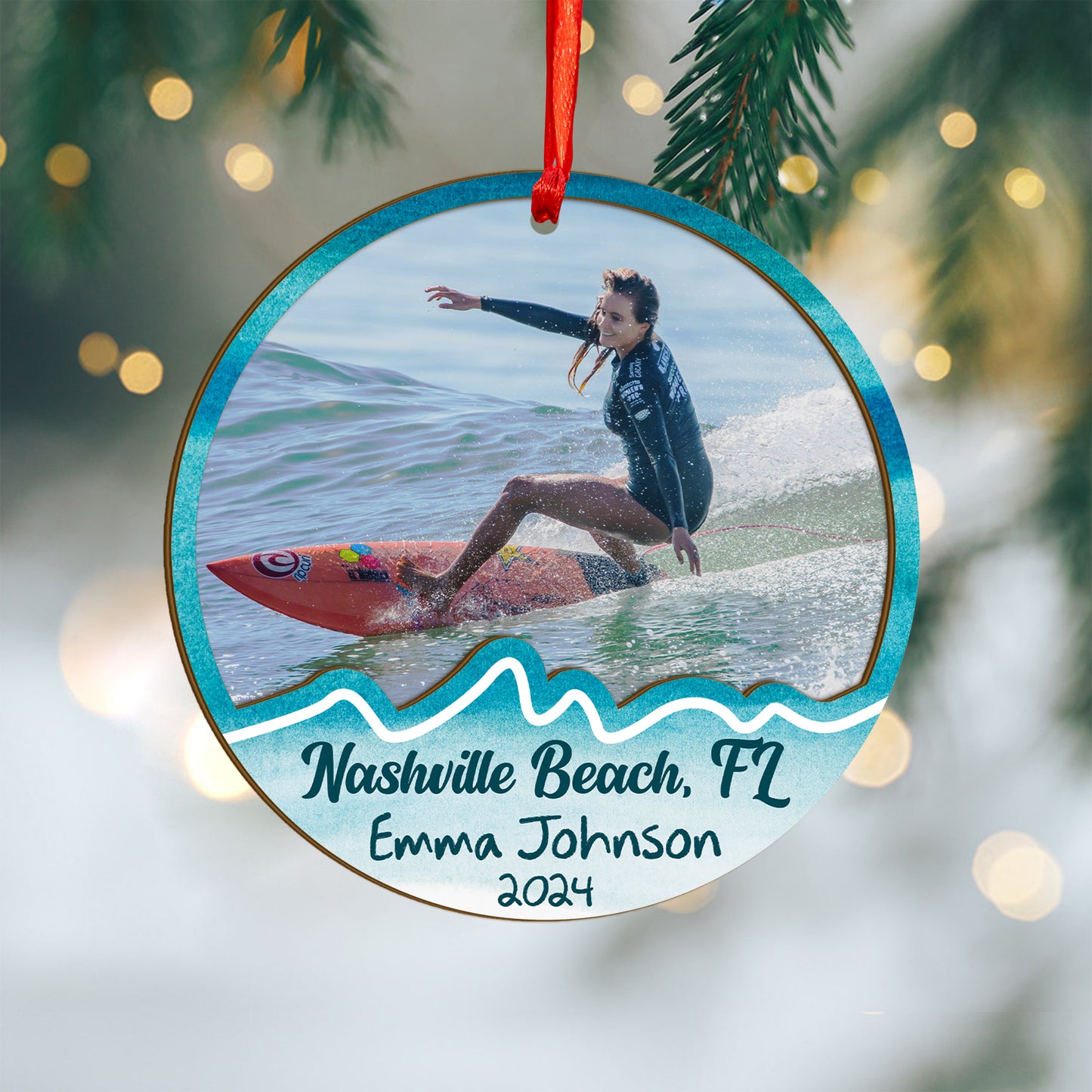 Custom Surfing Photo Wood and Acrylic Ornament