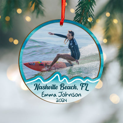 Custom Surfing Photo Wood and Acrylic Ornament