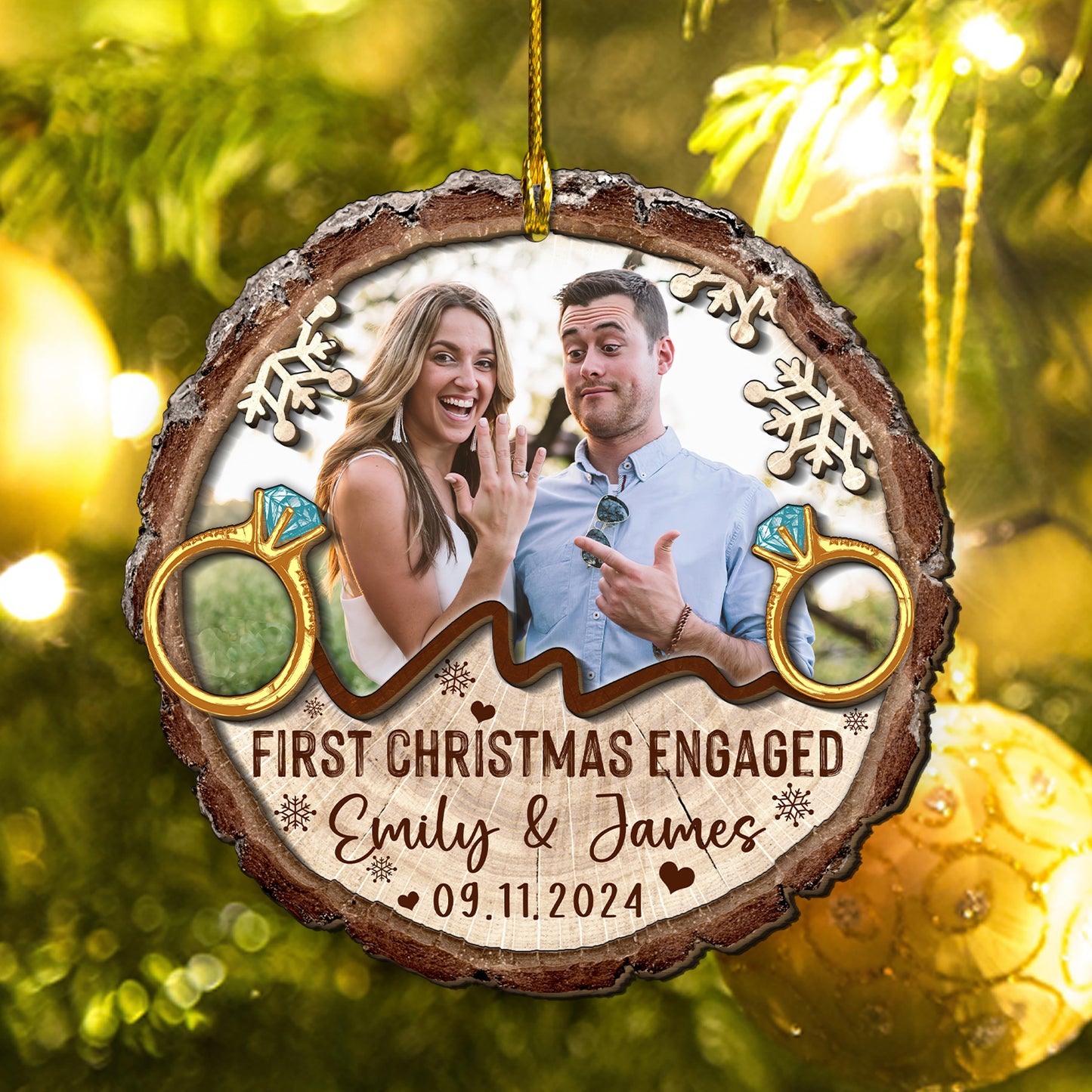 Custom Engagement Photo with Rings 2-Layer Wood Slice Ornament