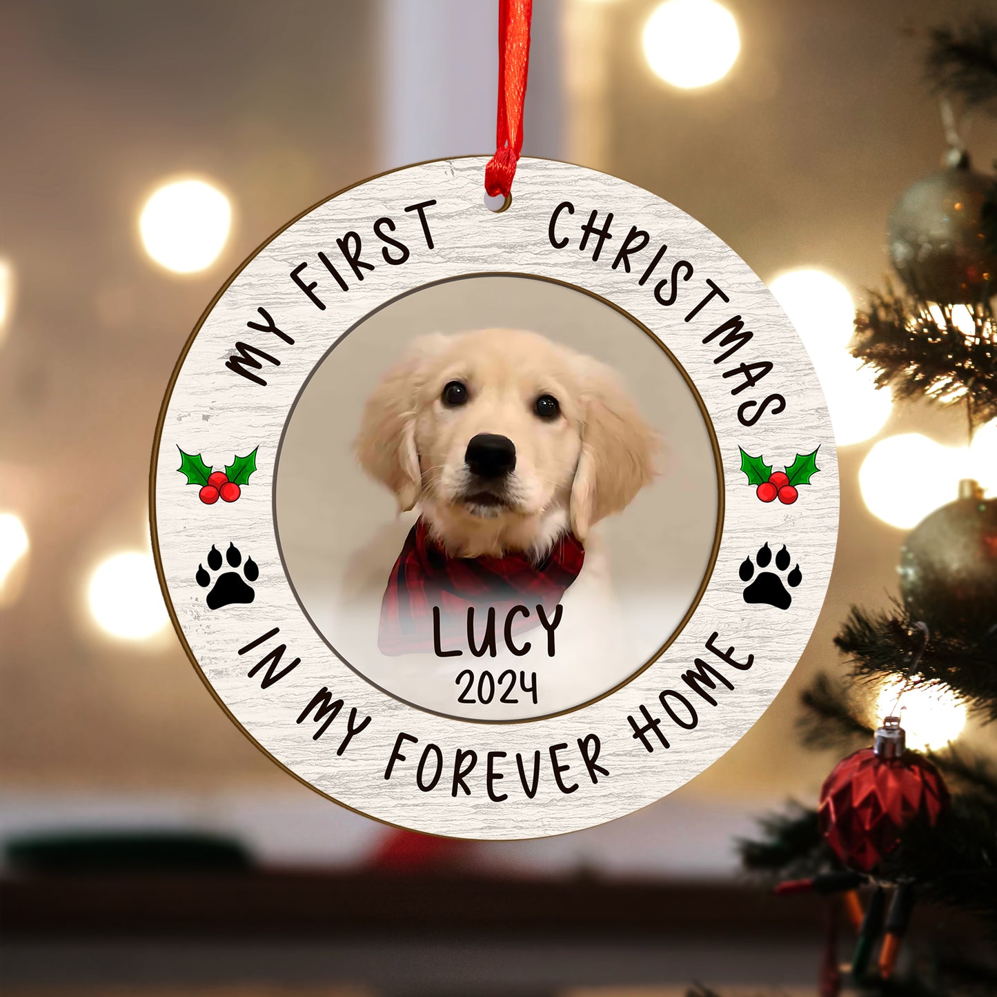 Custom Photo Dog First Christmas Wood and Acrylic Ornament