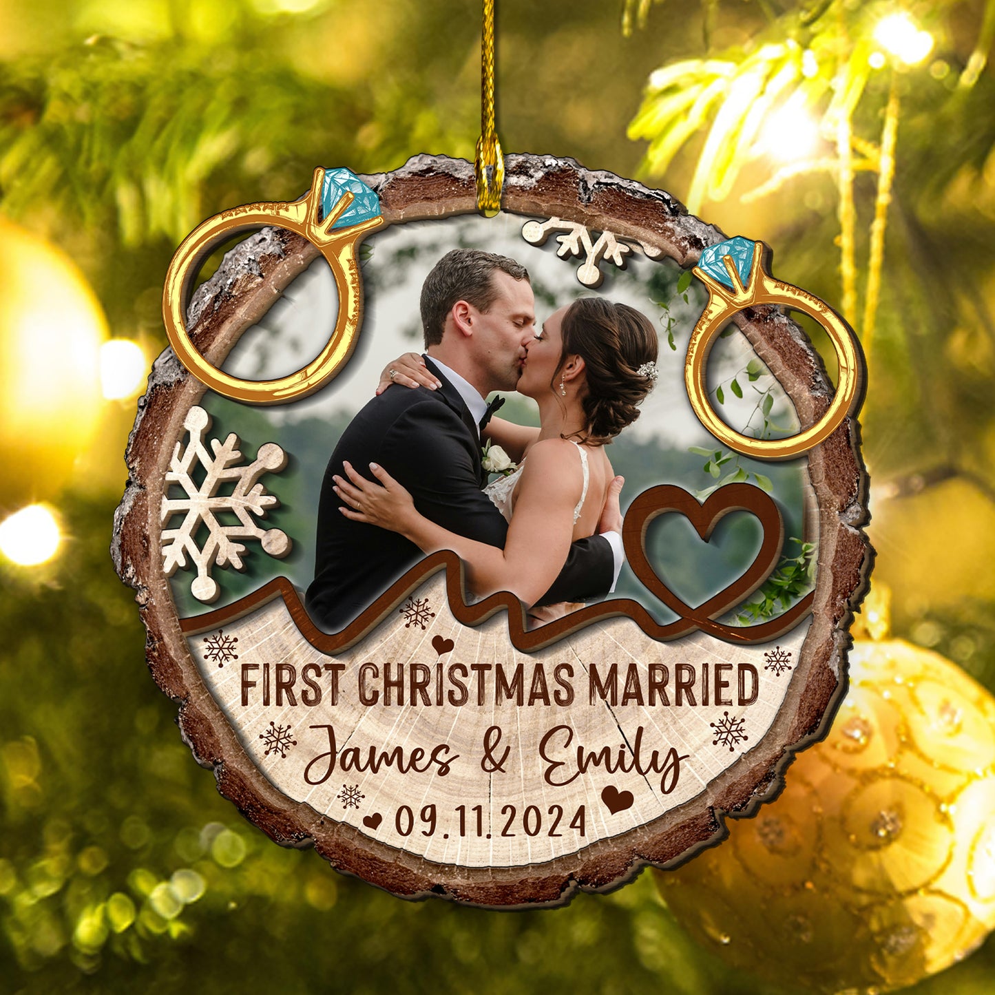 Custom Wedding Photo 2-Layers Wood Slice Ornament