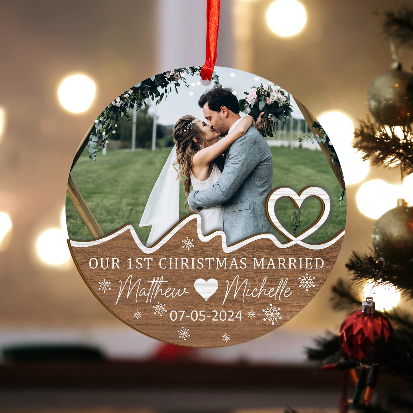 Custom Photo First Christmas Married Wood and Acrylic Ornament