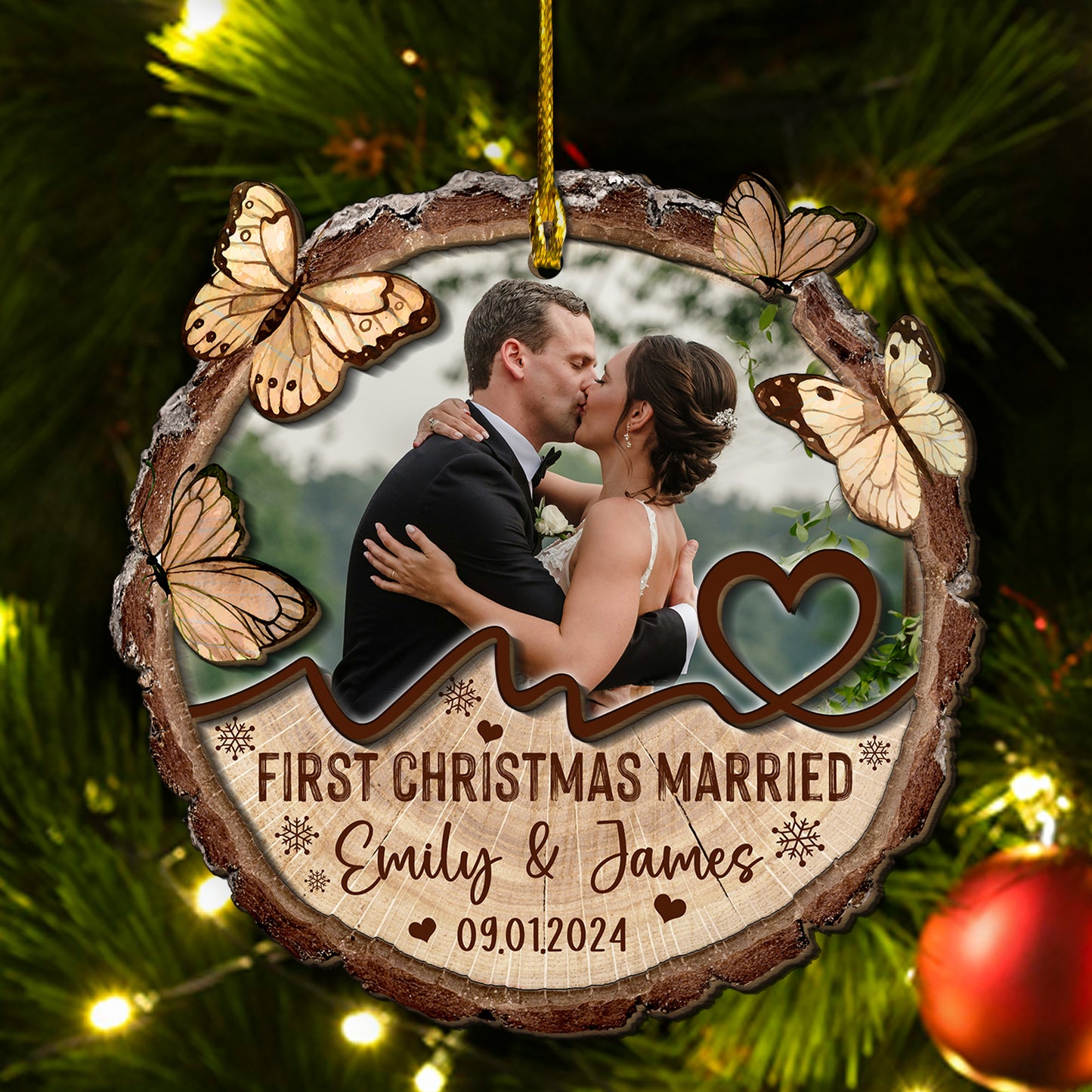 Custom Wedding Photo 2-Layer Wood Slice Ornament