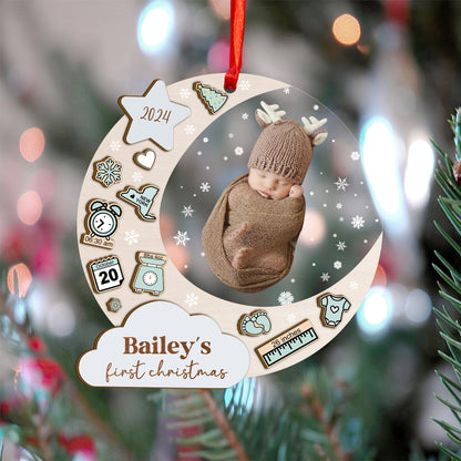 Custom Photo Baby Stats Moon Wood and Acrylic Ornament