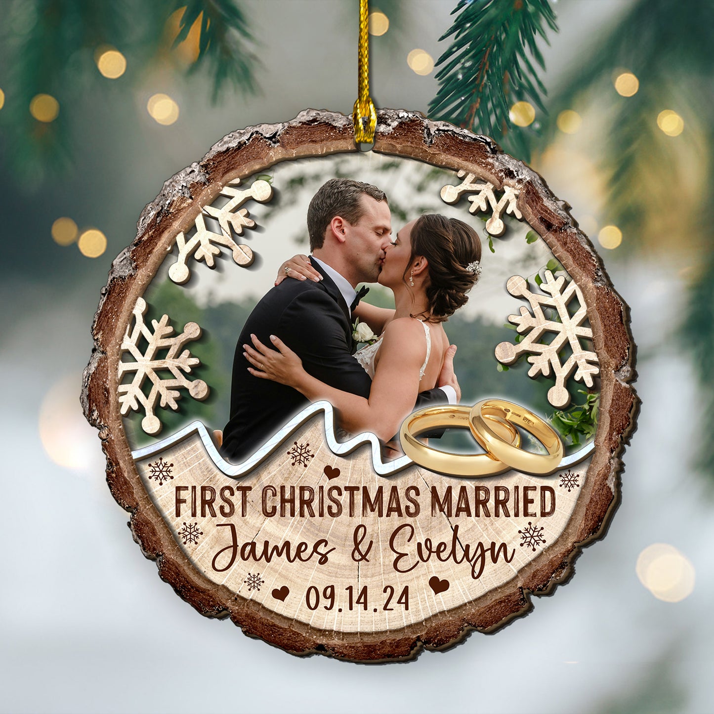 Custom Wedding Photo Rings 2-Layer Wood Slice Ornament