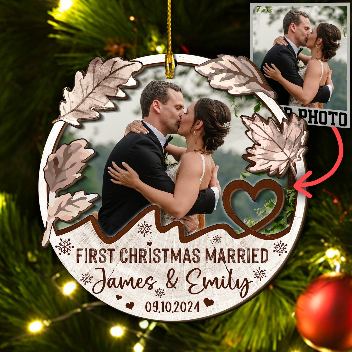 Custom Wedding Photo 2-Layer Wood Ornament