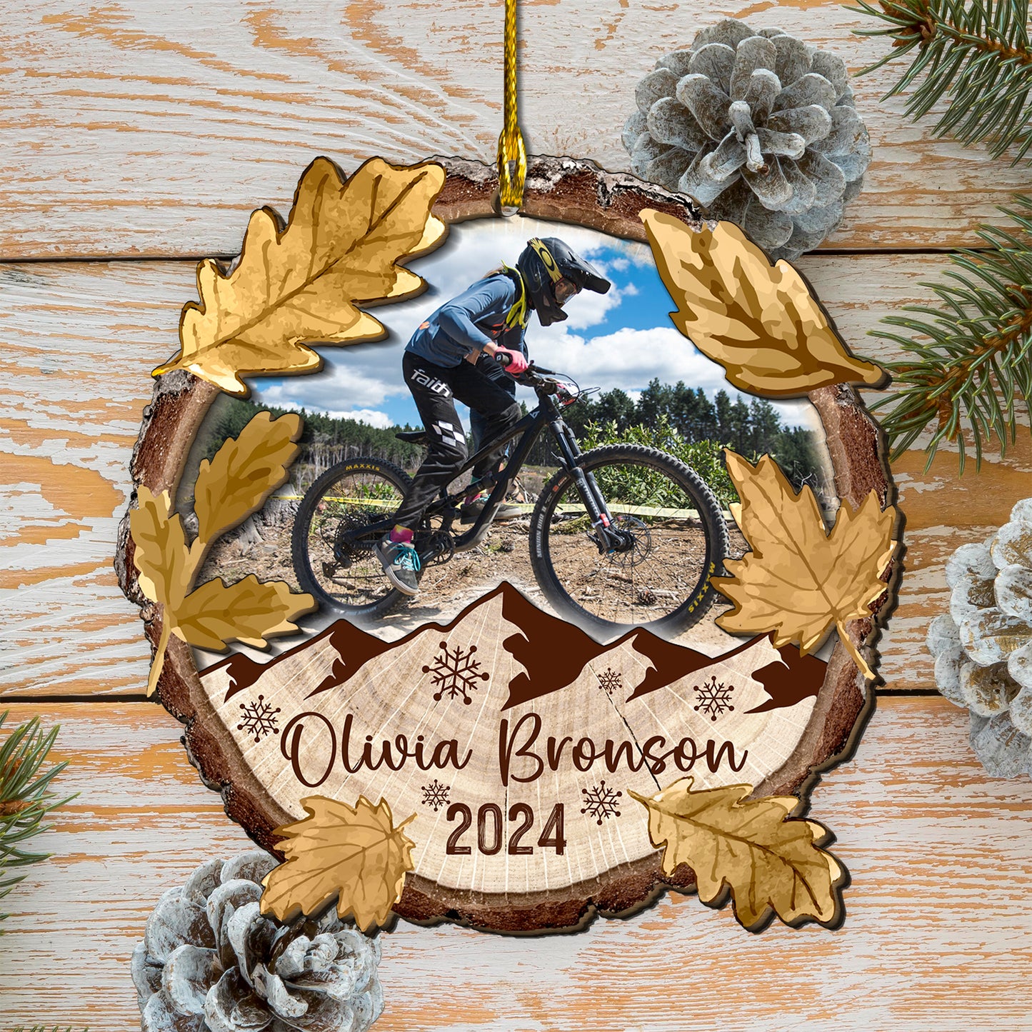 Custom Mountain Biking Photo 2-Layer Wood Slice Ornament