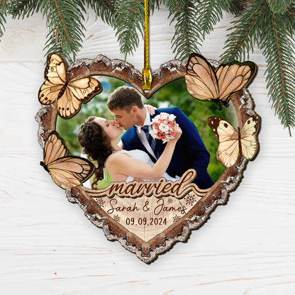 Custom Wedding Photo Heart Shape 2-Layers Wood Slice Ornament