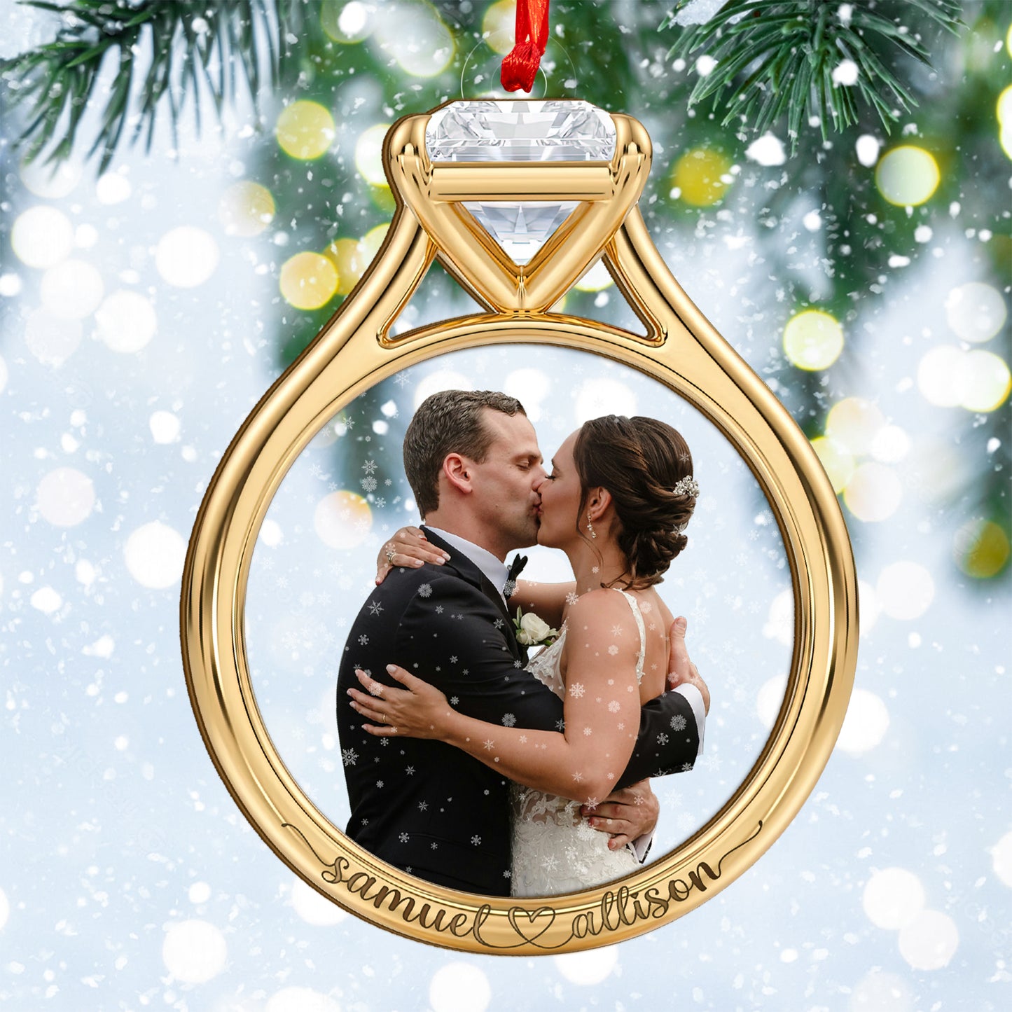 Custom Wedding Photo Ring Shape Wood and Acrylic Ornament