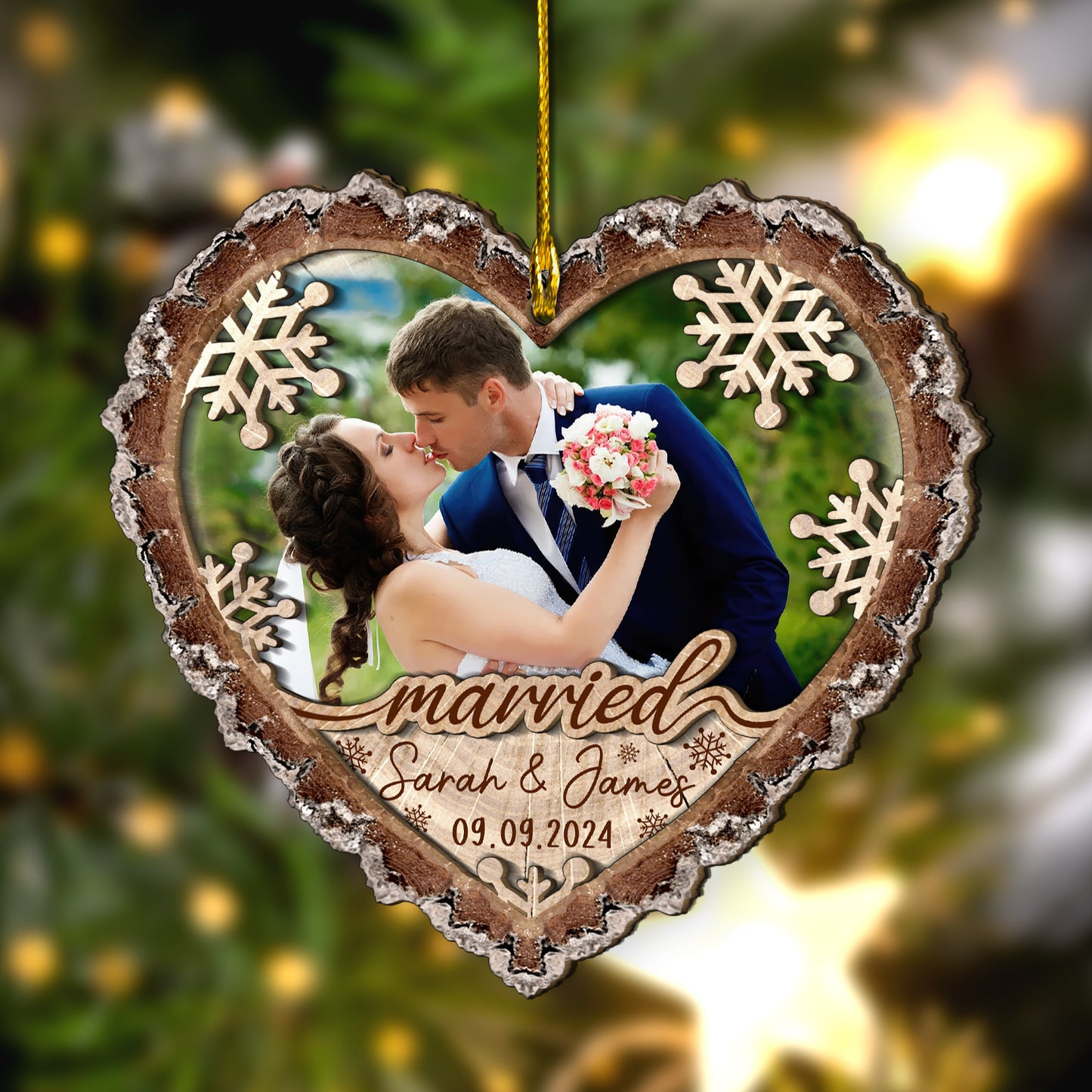 Custom Wedding Photo Heart Shape 2-Layer  Wood Slice Ornament