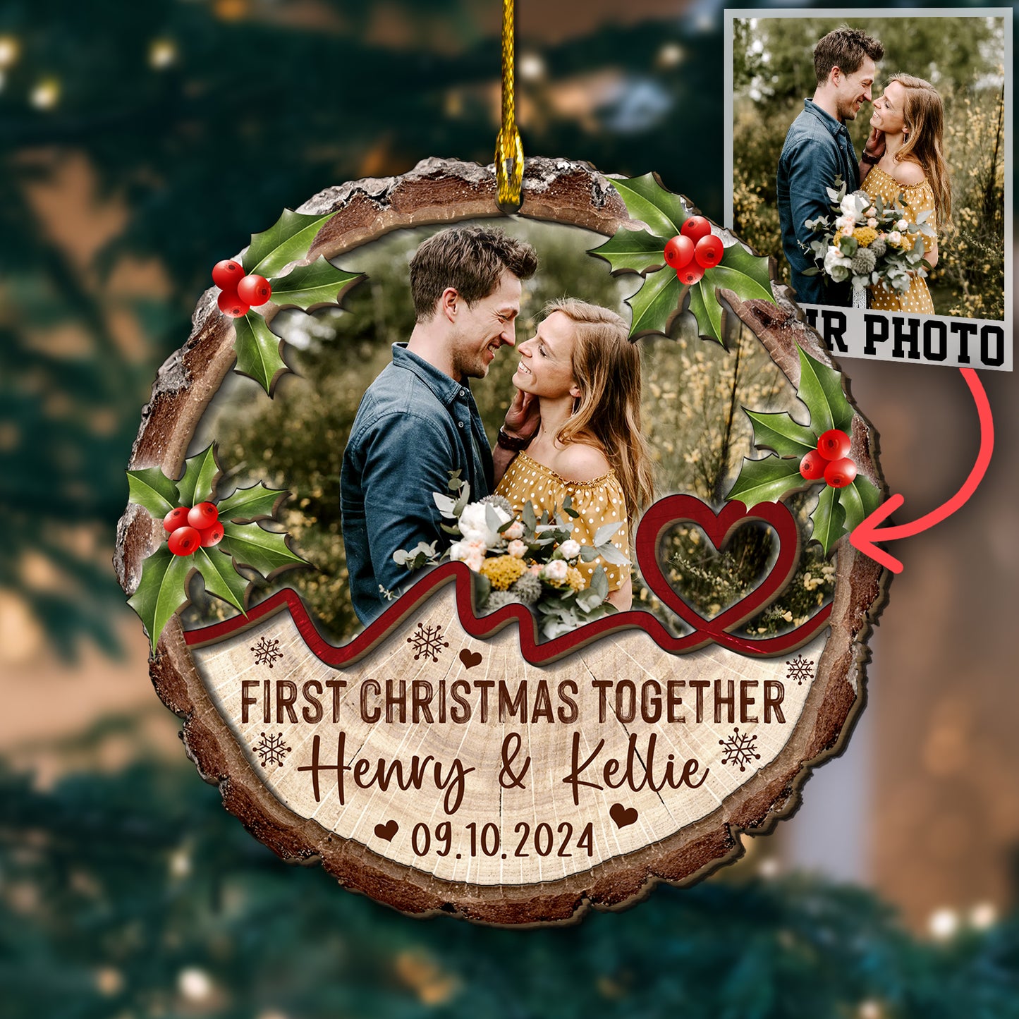 Custom Couple Photo 2-Layer Wood Slice Ornament