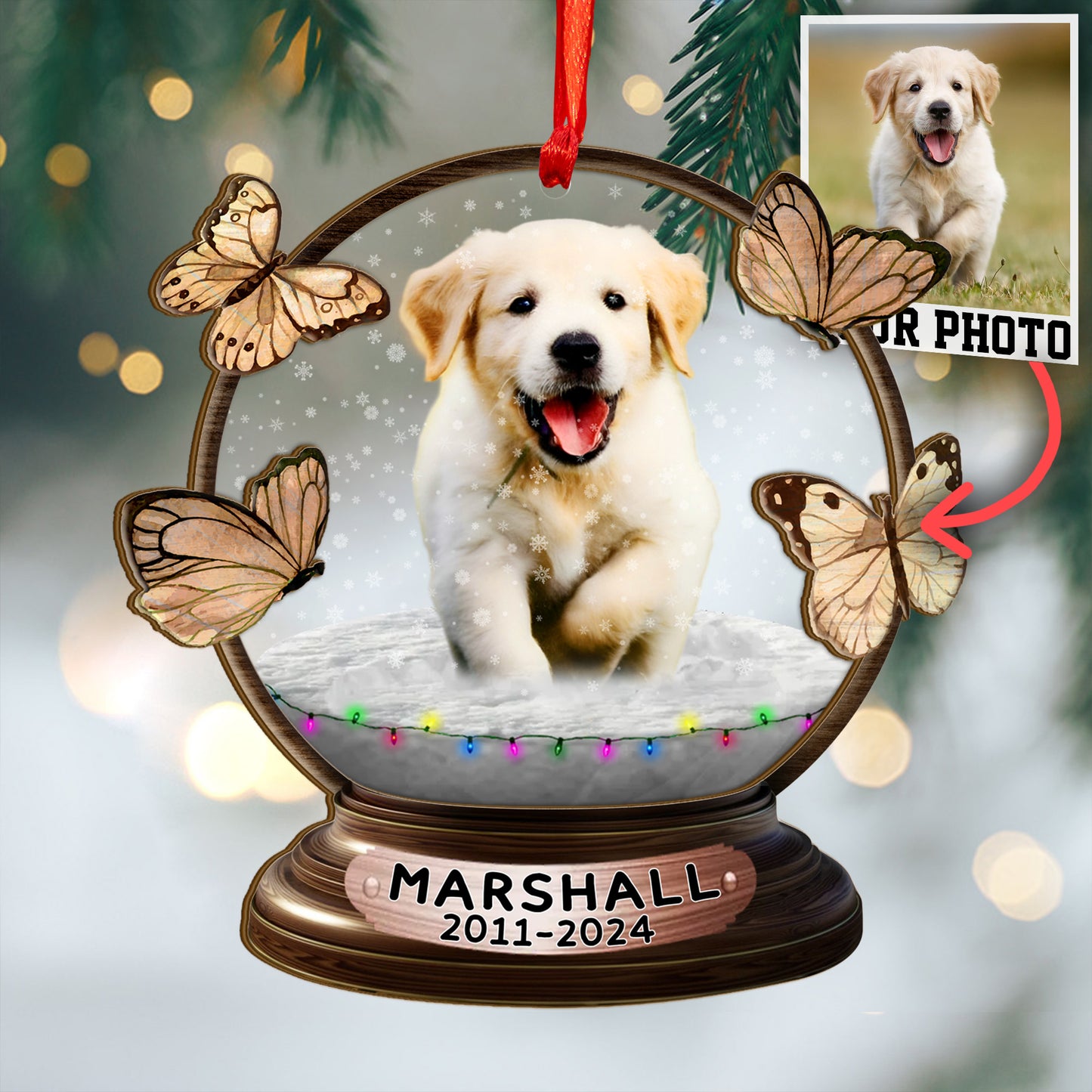 Custom Memorial Dog Photo Snowball Wood and Acrylic Ornament