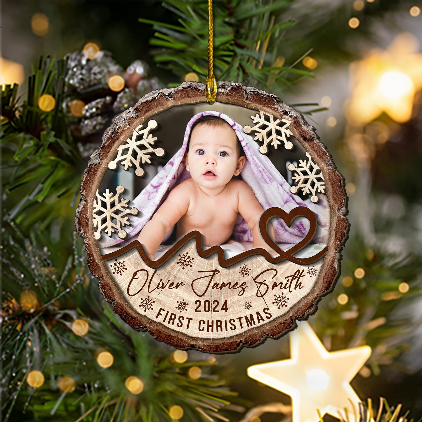 Custom Photo Baby First Christmas 2-Layer Wood Ornament