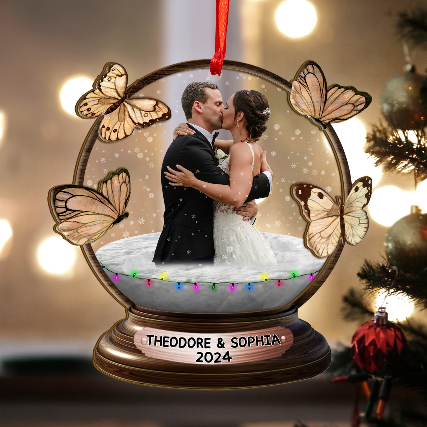 Custom Wedding Photo Butterfly Snowball Wood and Acrylic Ornament