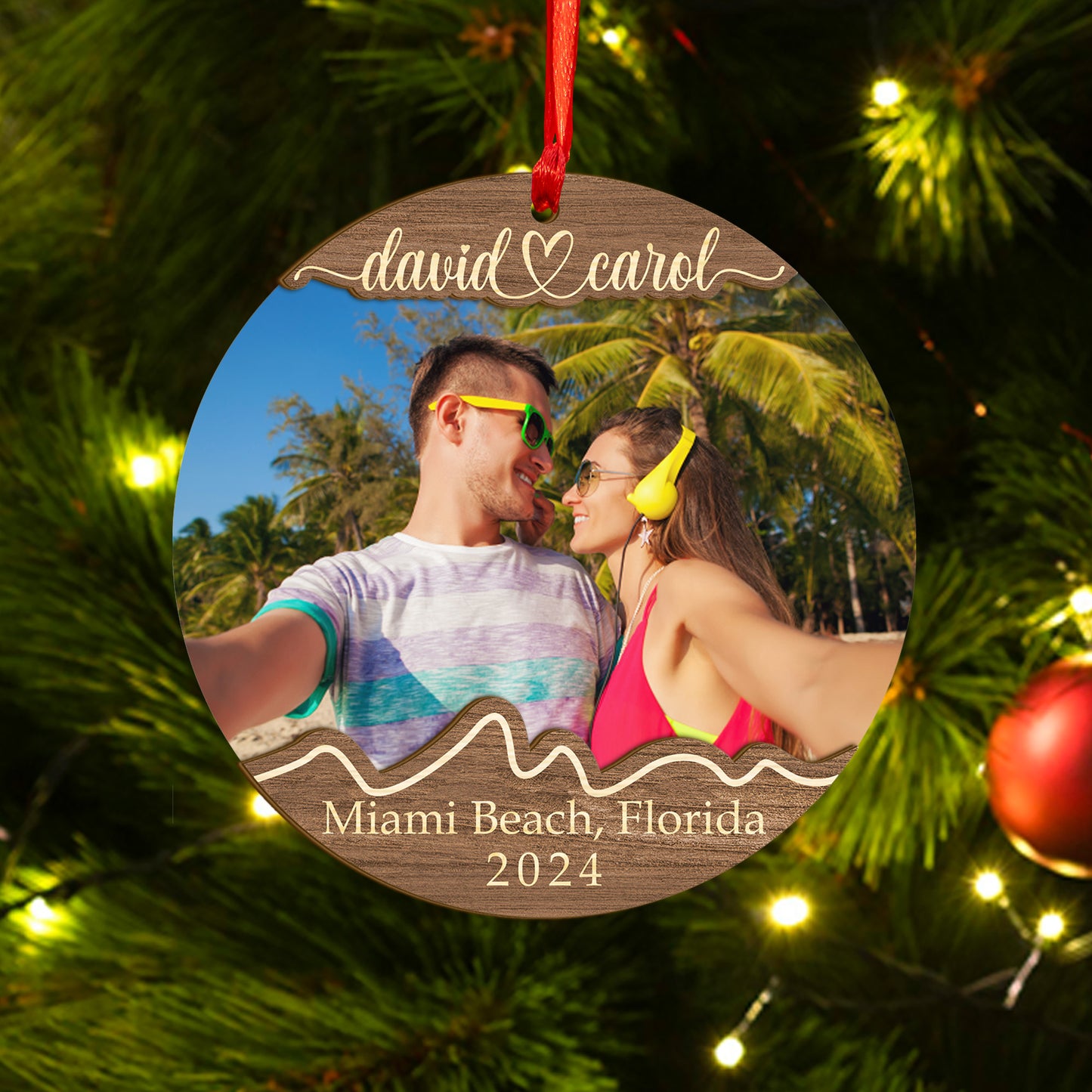 Custom Couple Photo Traveling Wood and Acrylic Ornament