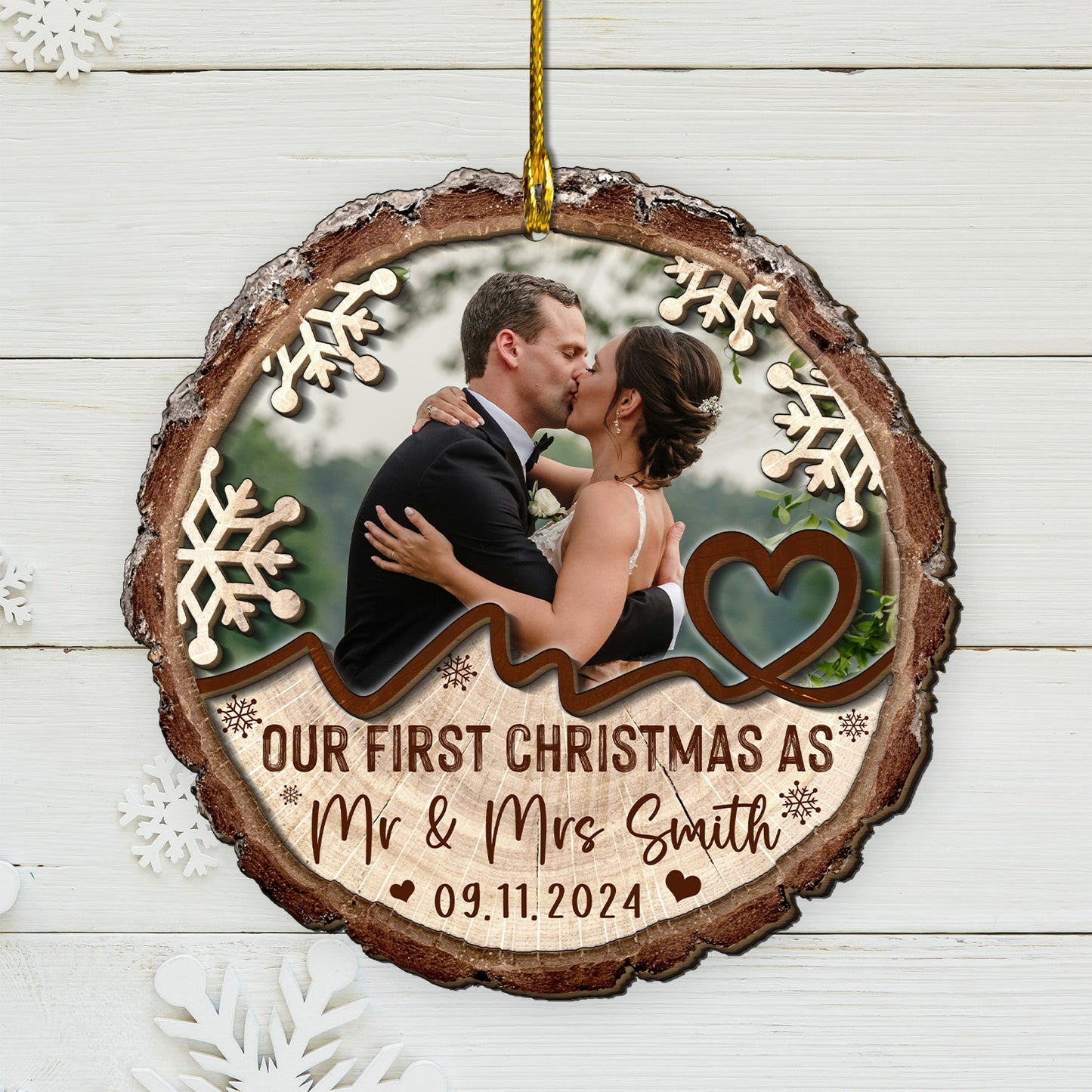 Custom Wedding Photo 2-Layer Wood Slice Ornament