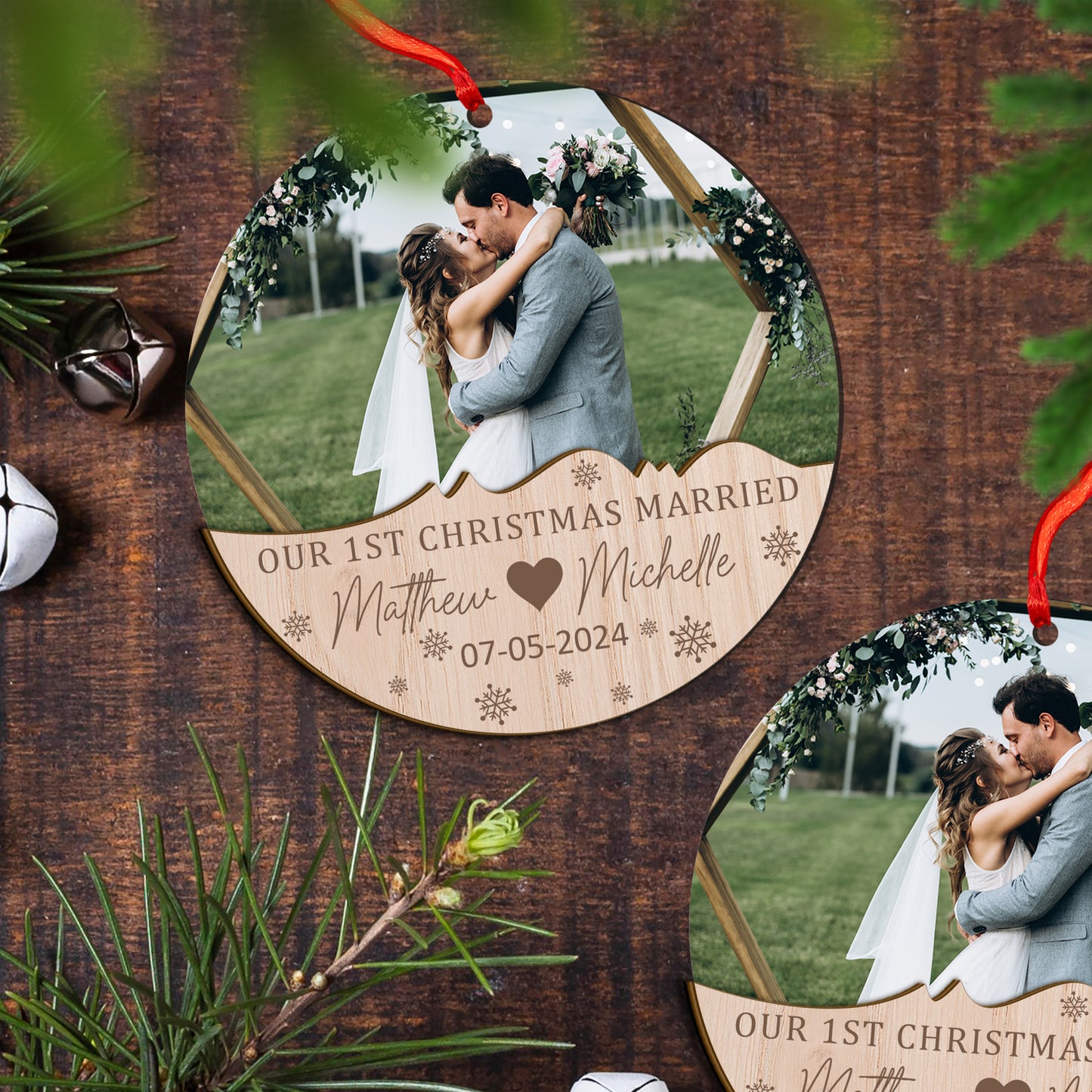 Custom Photo Our 1st Christmas Married Wood and Acrylic Ornament