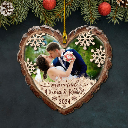 Custom Wedding Photo Heart Shape 2-Layer  Wood Slice Ornament