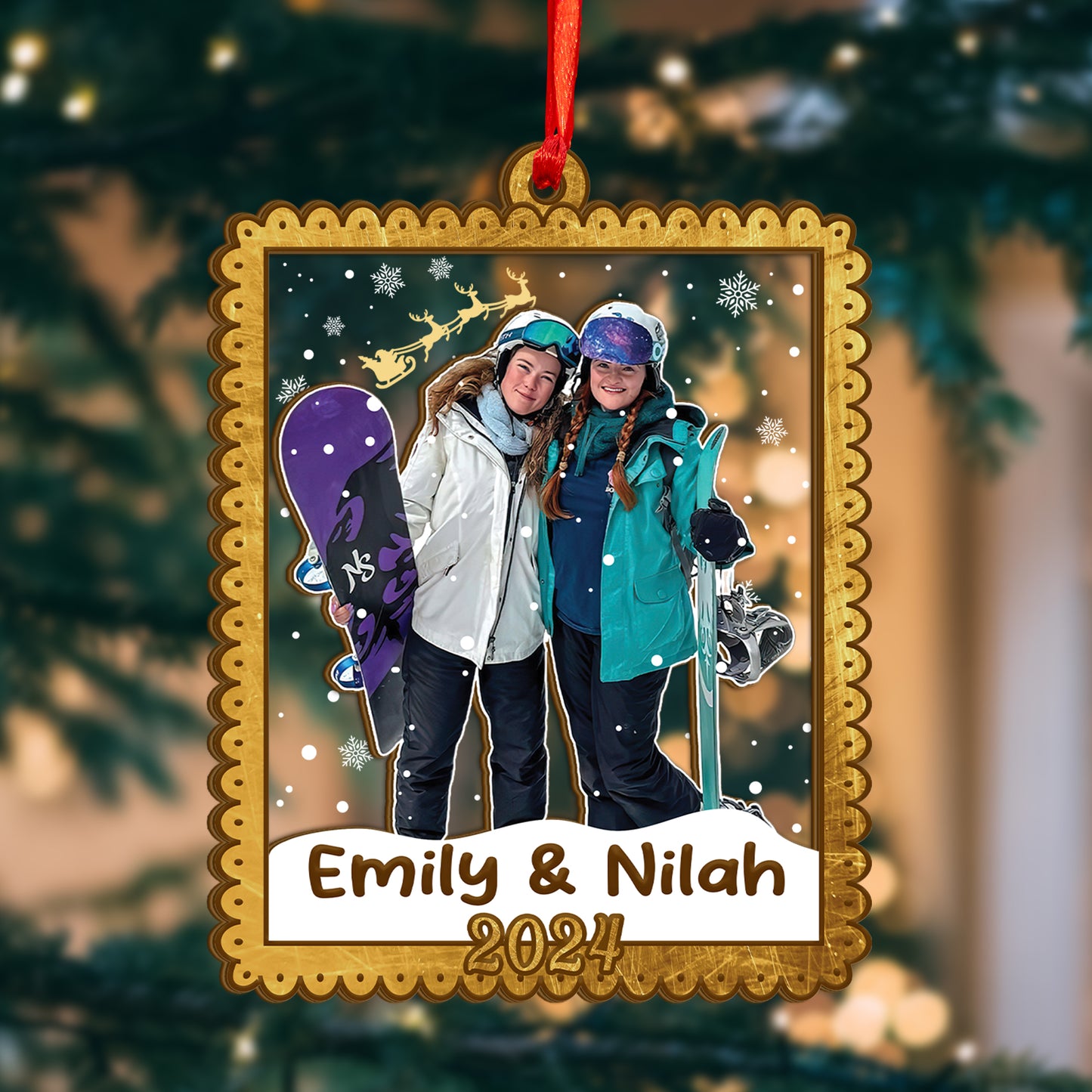 Custom Snow Boarding Photo Wood and Acrylic Ornament