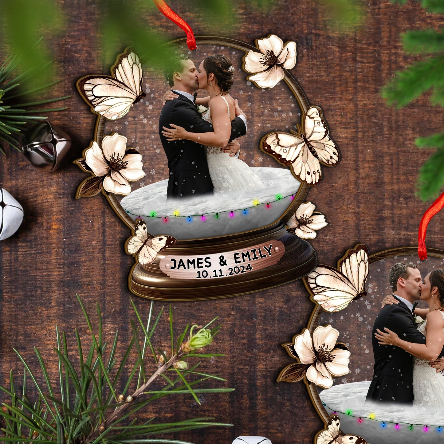 Custom Wedding Photo Snowball Wood and Acrylic Ornament