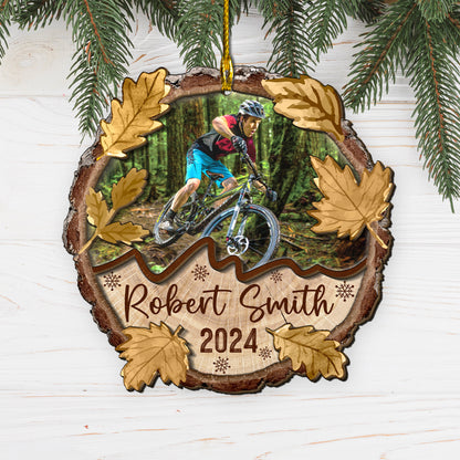 Custom Photo Mountain Biking 2-Layer Wood Slice Ornament