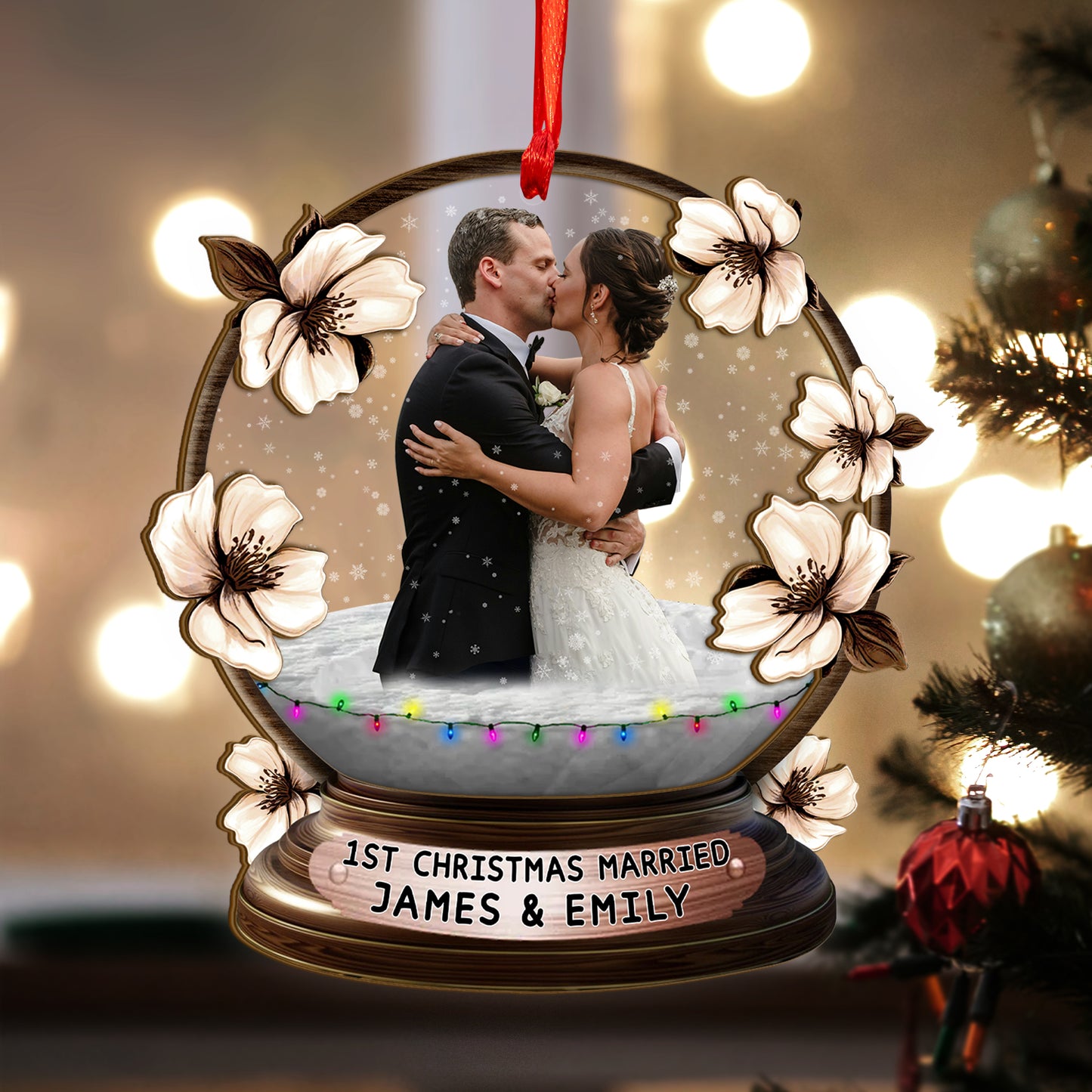 Custom Wedding Photo Floral Wood and Acrylic Ornament