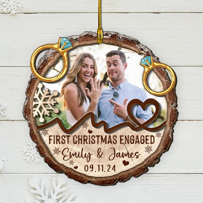 Custom Engaged Couple Photo with Rings 2-Layer Wood Slice Ornament