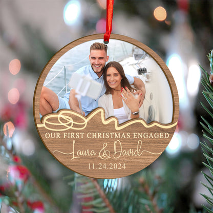 Custom Photo First Christmas Engaged Wood and Acrylic Ornament